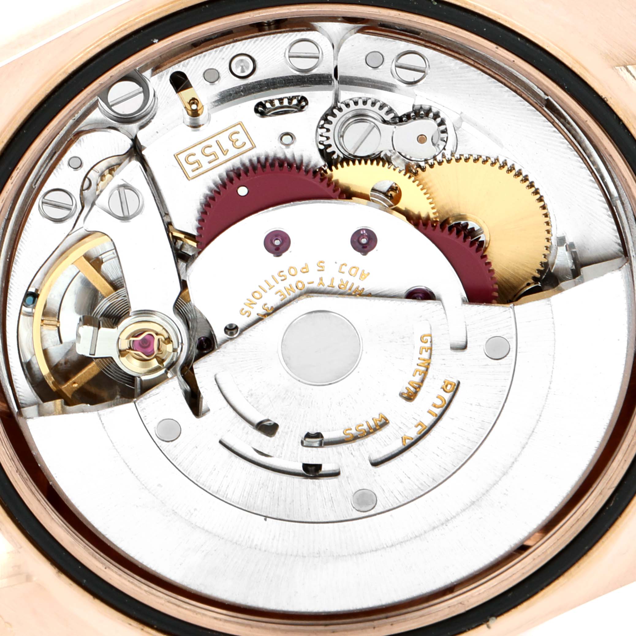 This image shows the internal mechanical movement of a Rolex President 118235 Men's Rose Gold Pink Dial 118235 Men's Rose Gold Pink Dial model watch at a close-up angle.