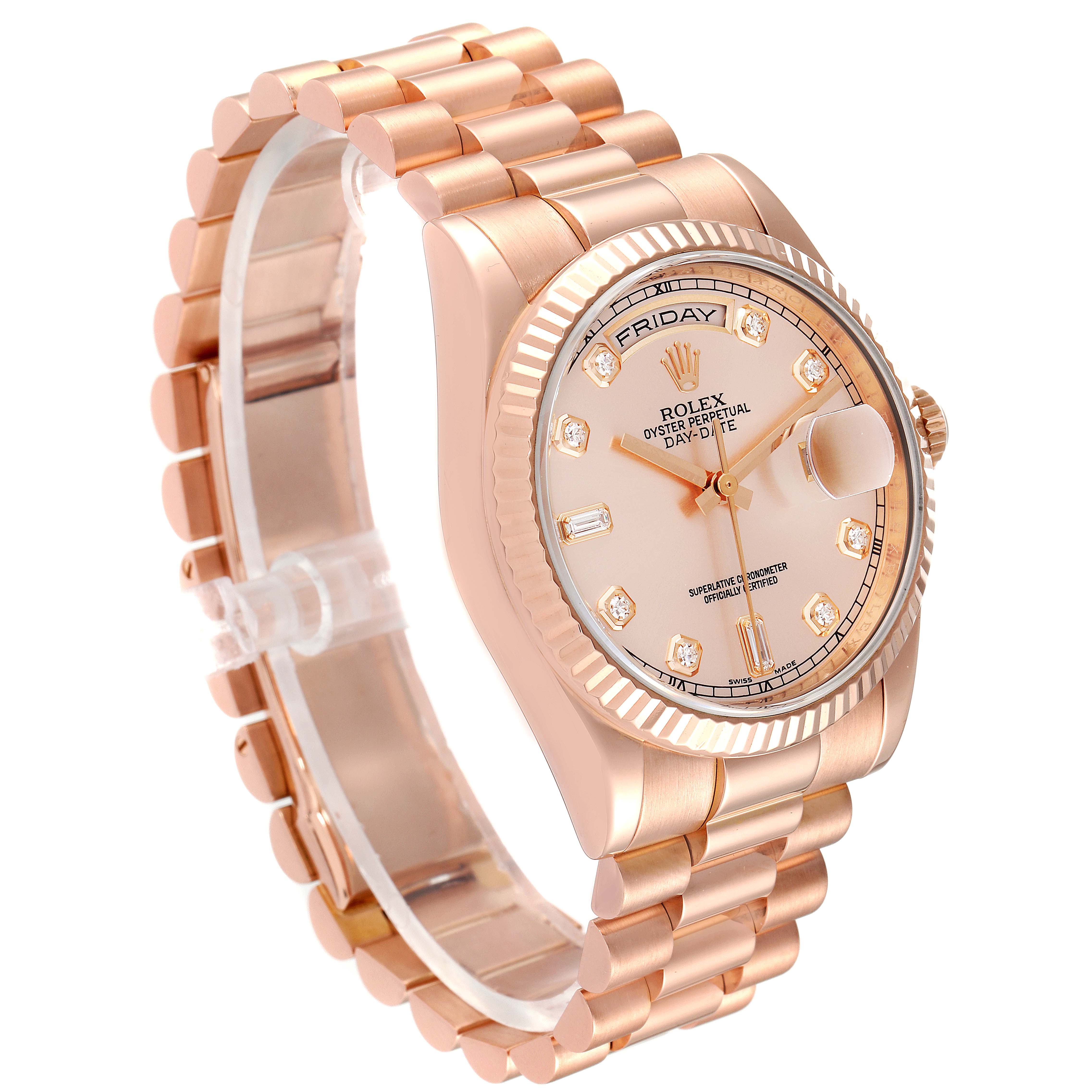 The image shows a Rolex President 118235 Men's Rose Gold Pink Dial 118235 Men's Rose Gold Pink Dial model watch at a three-quarter angle, highlighting the dial, bracelet, and crown.