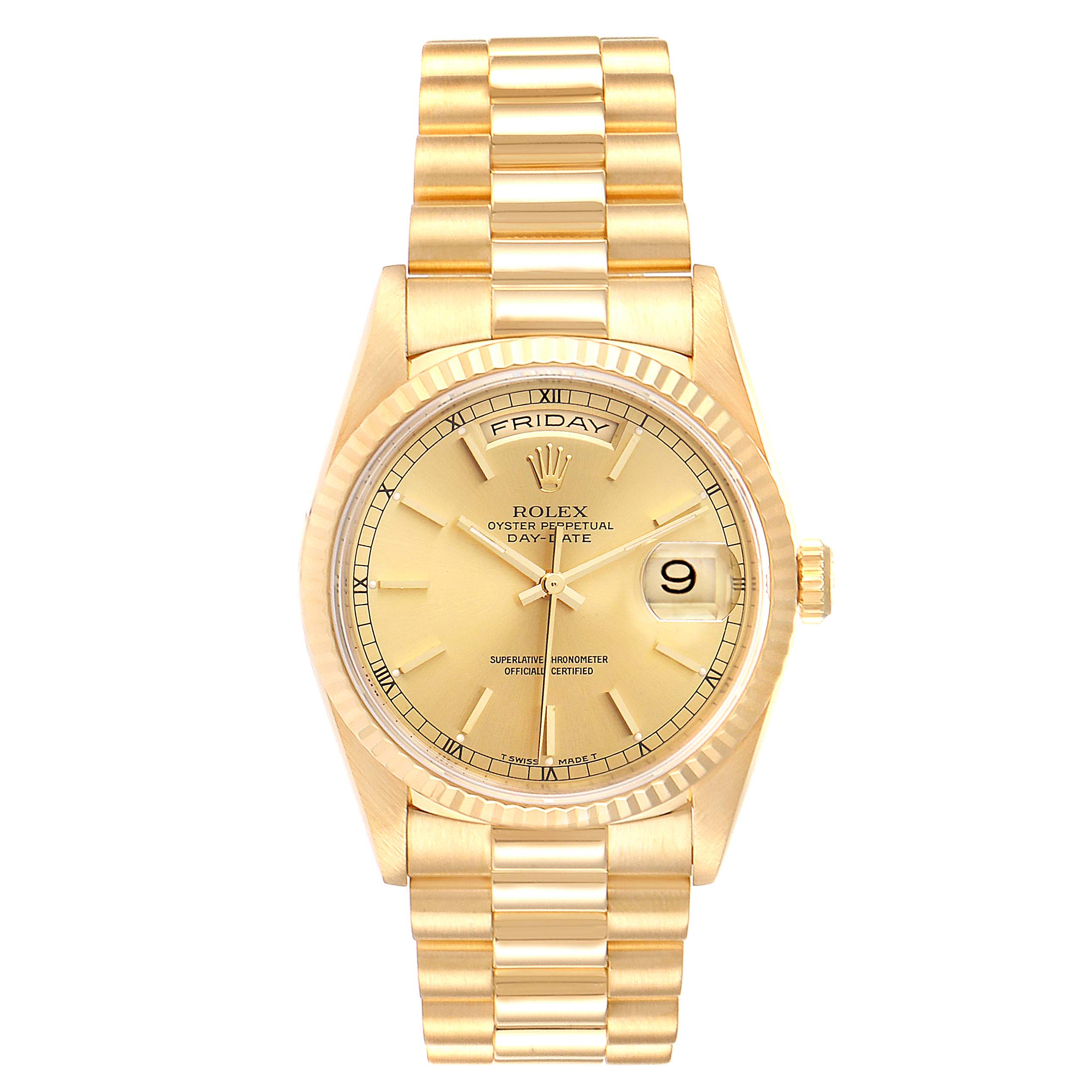 The Rolex President 18238 Men's Yellow Gold Champagne Dial 18238 Men's Yellow Gold Champagne Dial model is shown from a front angle, featuring its gold casing, bracelet, clock face, and date window.