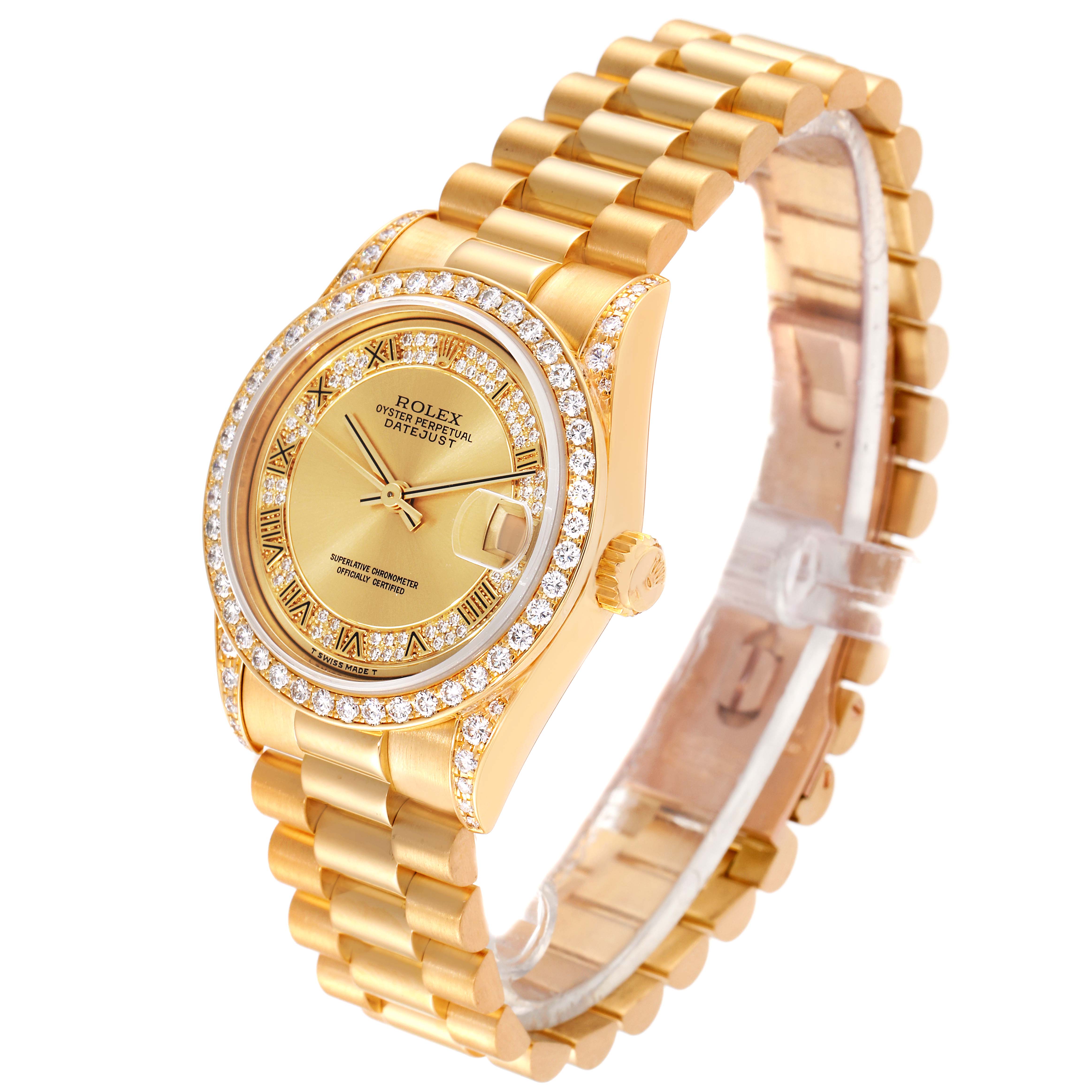 The Rolex President 68158 Women
s Yellow Gold Champagne Dial 68158 Women
s Yellow Gold Champagne Dial model watch is shown at a slight left angle, highlighting its gold band and diamond-encrusted bezel.