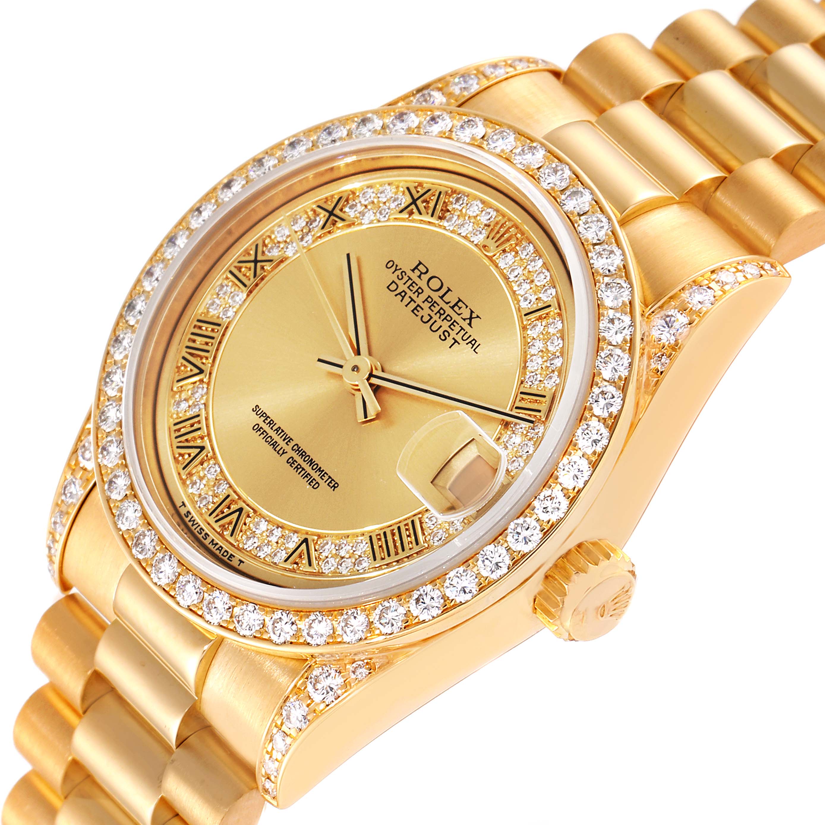 The image shows a Rolex President 68158 Women
s Yellow Gold Champagne Dial 68158 Women
s Yellow Gold Champagne Dial Datejust watch from an angled perspective highlighting the crown, dial, and diamond-studded bezel.