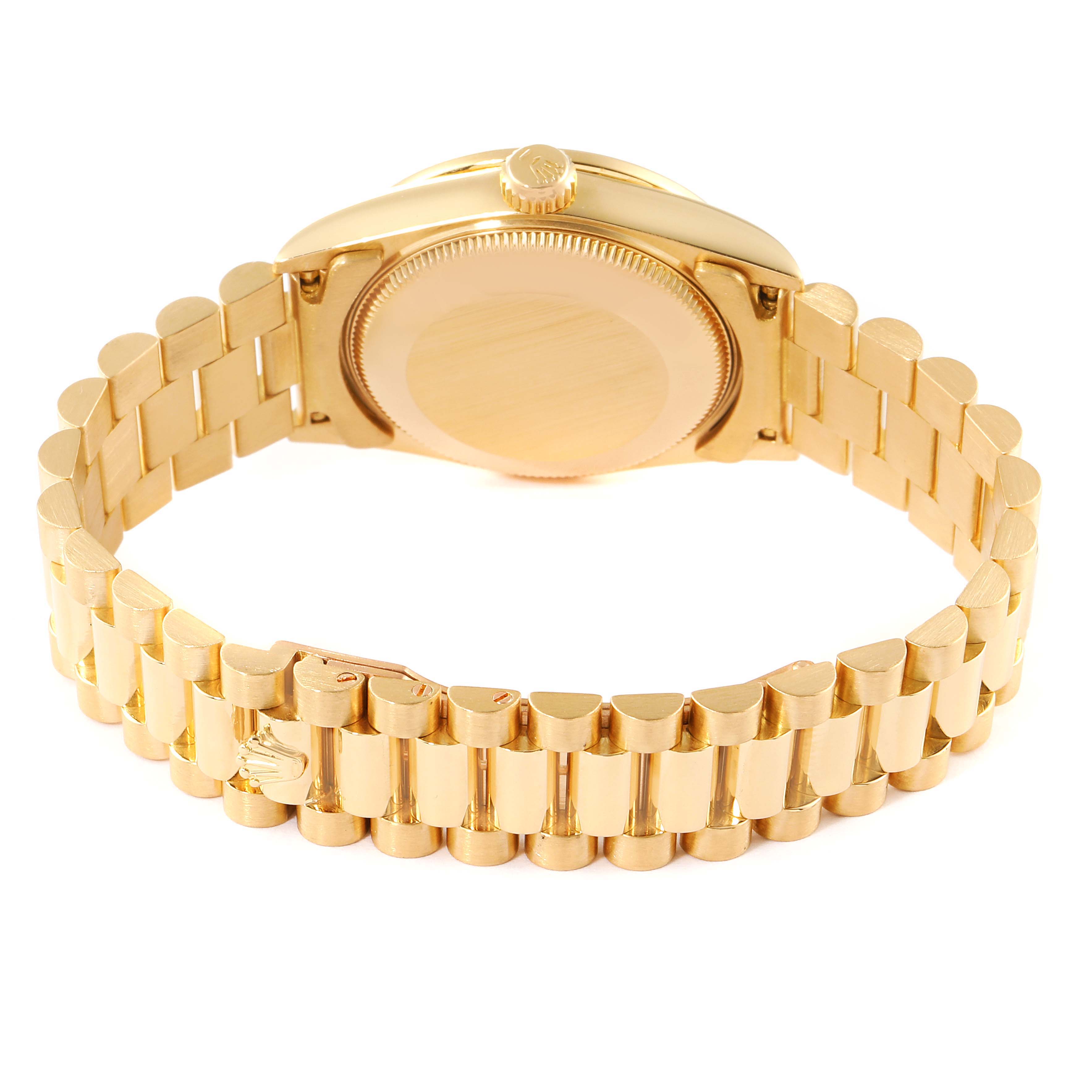 This image shows the backside and bracelet of the Rolex President 68158 Women
s Yellow Gold Champagne Dial 68158 Women
s Yellow Gold Champagne Dial model watch, highlighting the clasp and case back.