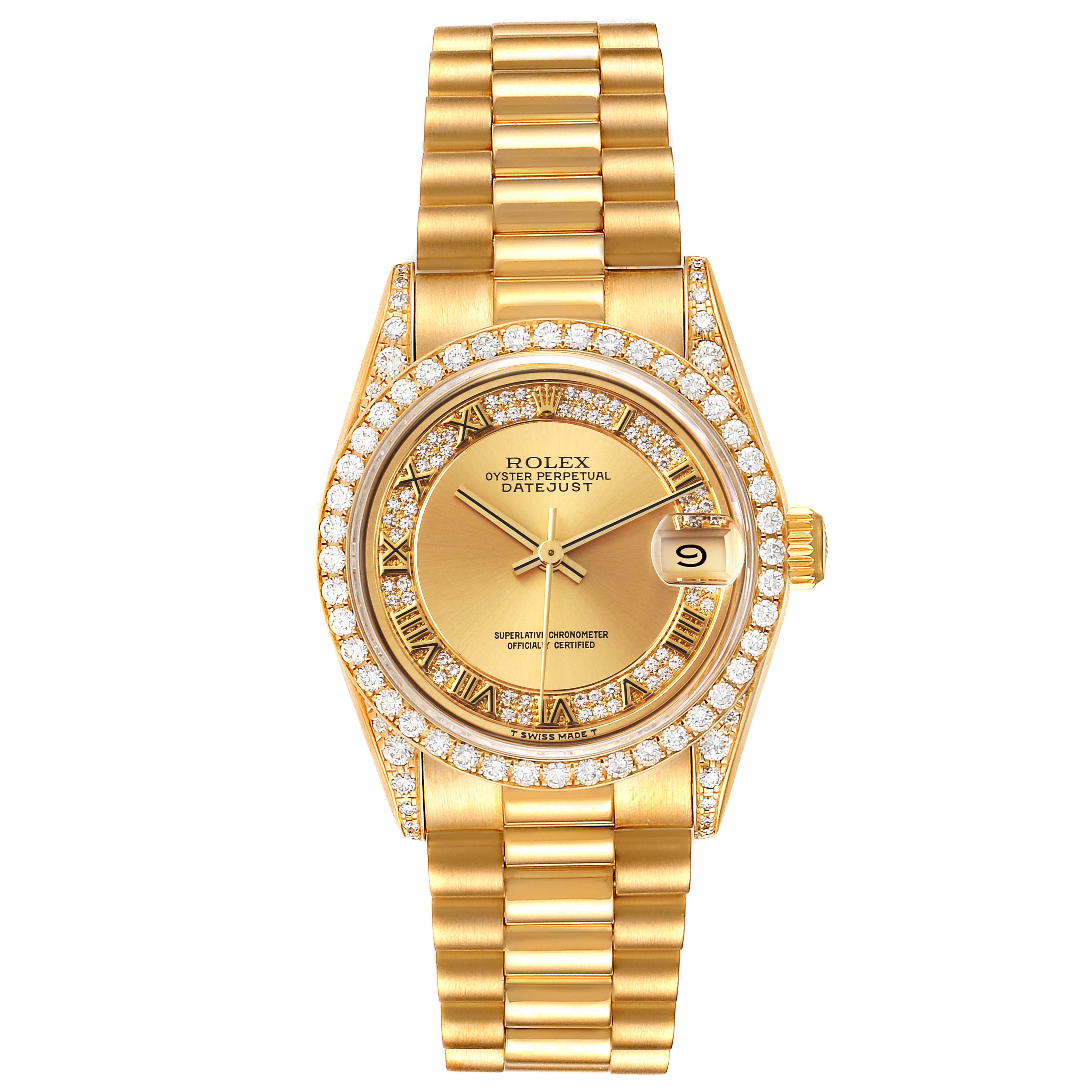 This image shows the front view of a Rolex President 68158 Women
s Yellow Gold Champagne Dial 68158 Women
s Yellow Gold Champagne Dial model watch, featuring a gold band and a diamond-encrusted face.