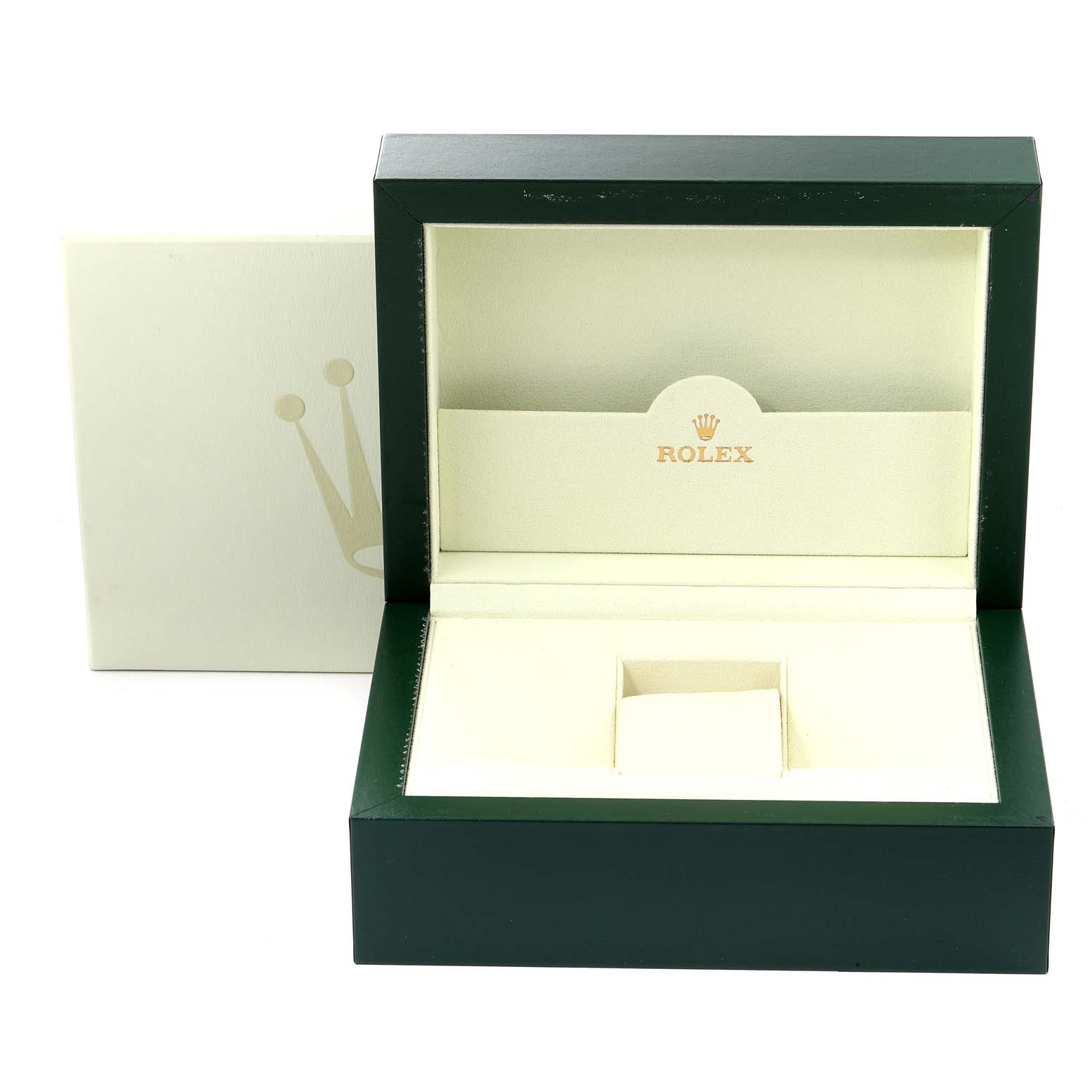 This image shows an open Rolex President 68158 Women
s Yellow Gold Champagne Dial 68158 Women
s Yellow Gold Champagne Dial model watch box, featuring the brand
s logo on the interior.