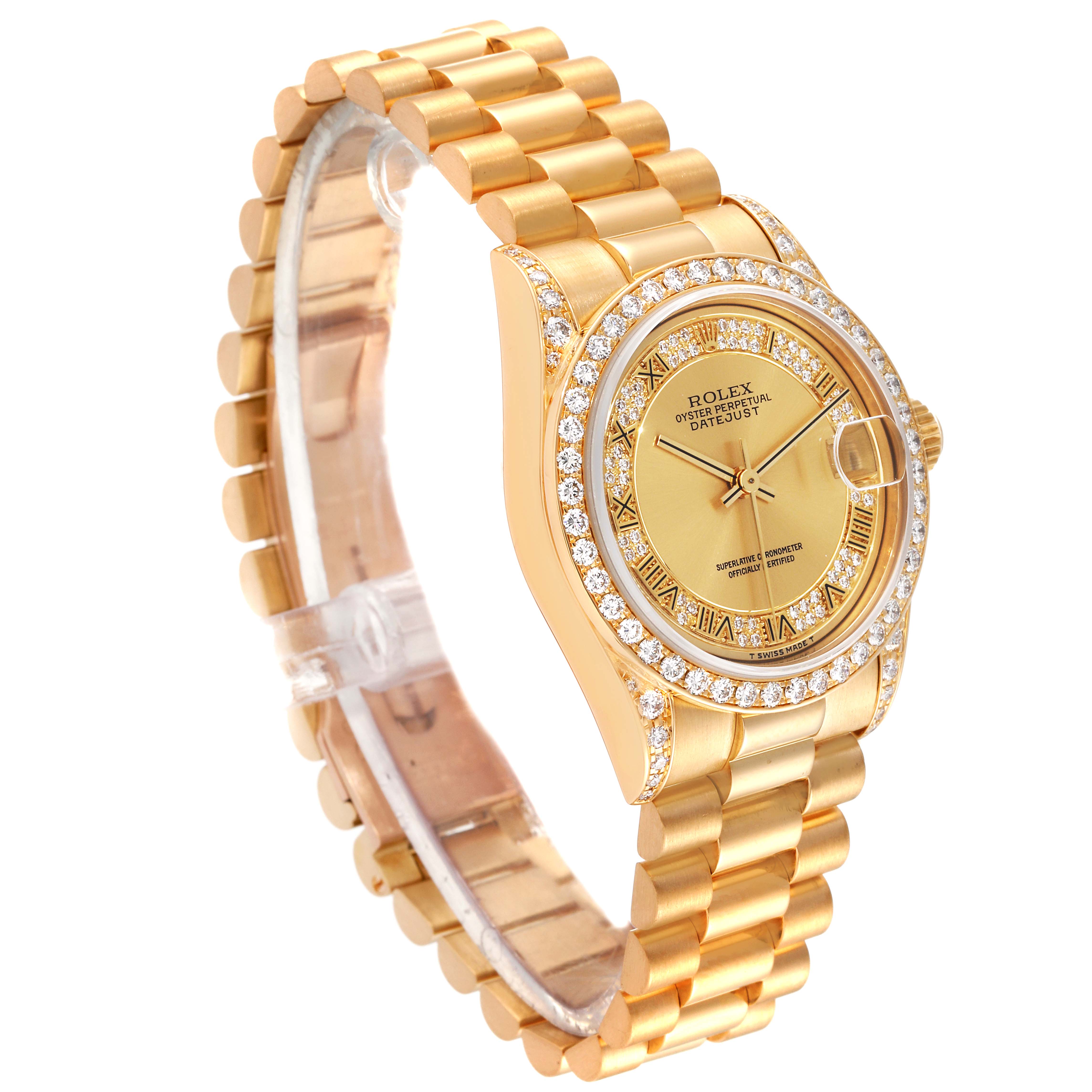 This image shows the Rolex President 68158 Women
s Yellow Gold Champagne Dial 68158 Women
s Yellow Gold Champagne Dial model, featuring its dial, bezel, bracelet, and case at a slight angle.