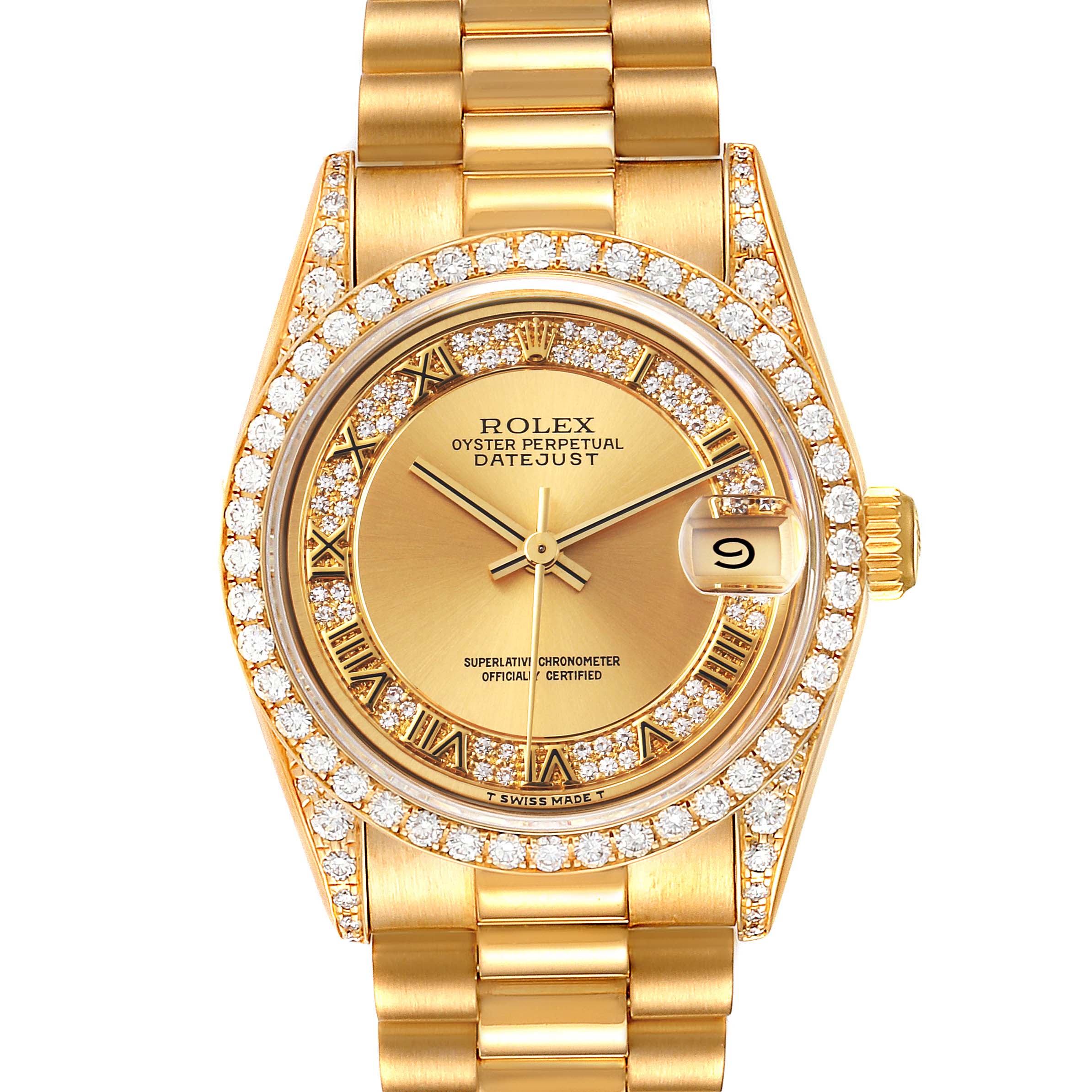 This image shows a Rolex President 68158 Women
s Yellow Gold Champagne Dial 68158 Women
s Yellow Gold Champagne Dial model watch from a front angle, detailing its diamond-encrusted bezel and gold bracelet.