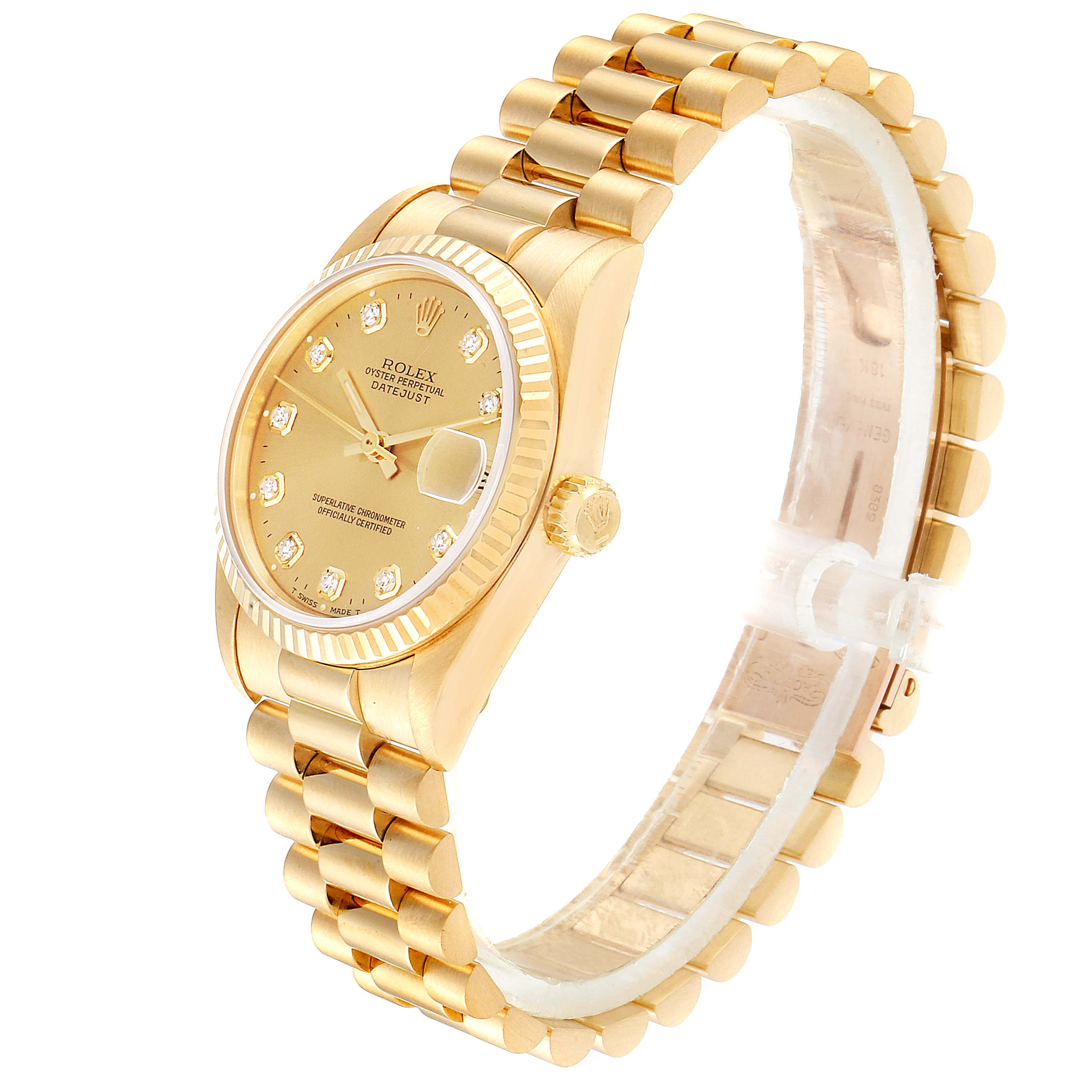 The Rolex President 68278 Women
s Yellow Gold Champagne Dial 68278 Women
s Yellow Gold Champagne Dial model is shown at a slight angled side view, displaying its gold bracelet, dial, and fluted bezel clearly.