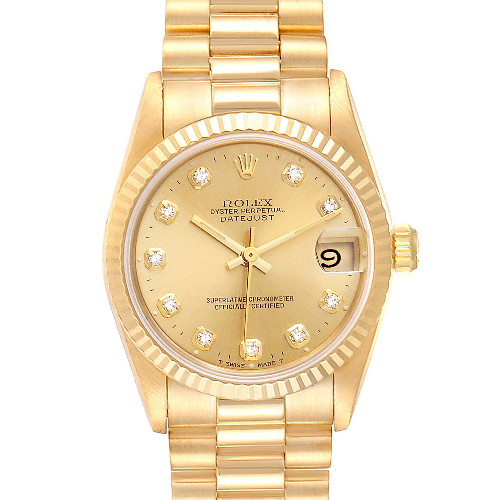 The image shows a front view of the Rolex President 68278 Women
s Yellow Gold Champagne Dial 68278 Women
s Yellow Gold Champagne Dial model watch, highlighting the gold dial, bezel, and bracelet.