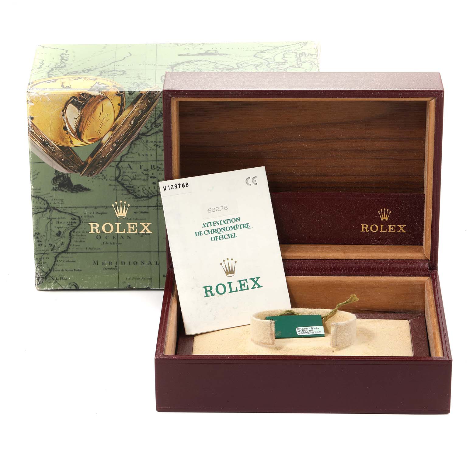 This image shows the open box, warranty card, and Best Quality
ity tag for a Rolex President 68278 Women
s Yellow Gold Champagne Dial 68278 Women
s Yellow Gold Champagne Dial model watch.