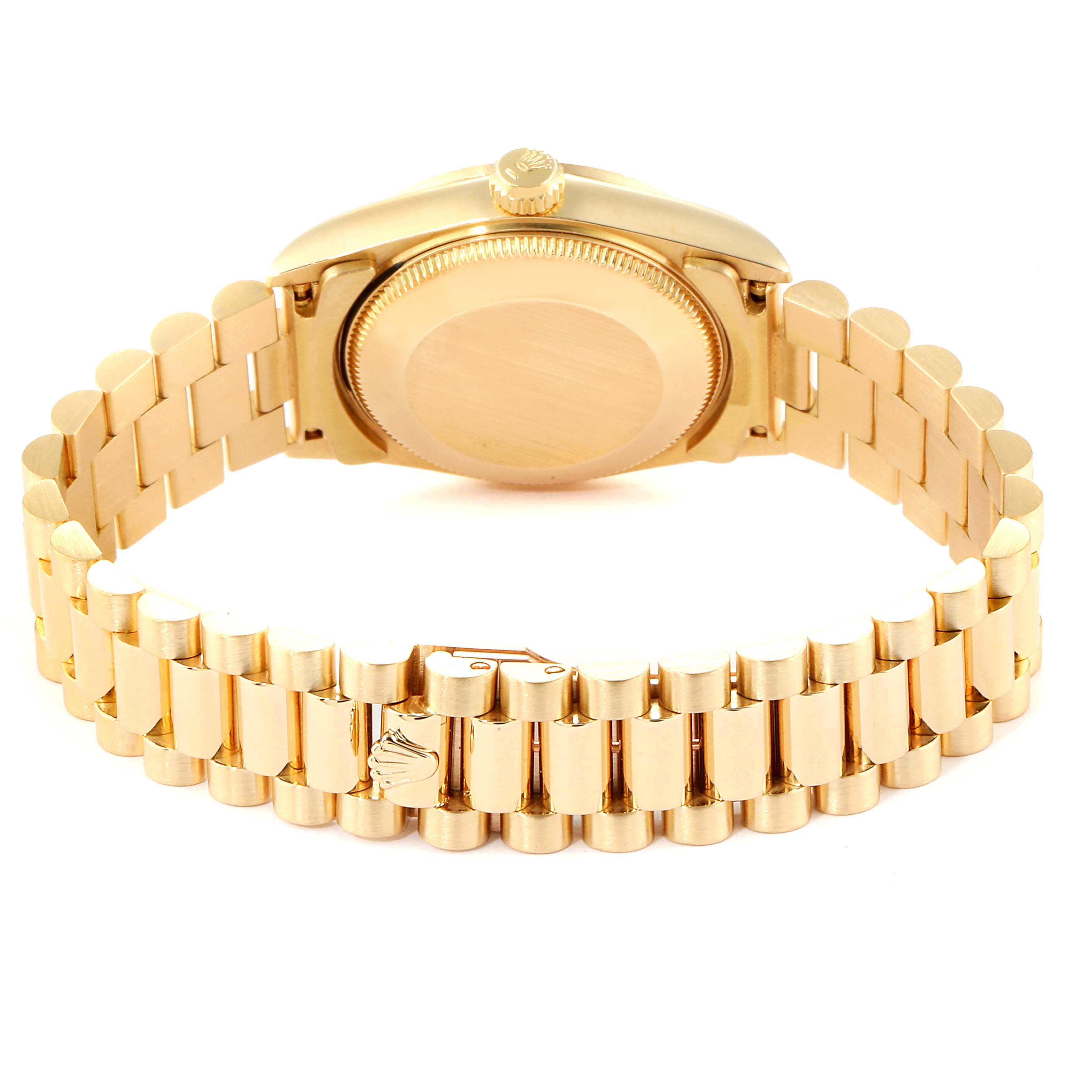 This image shows the back view of a Rolex President 68278 Women
s Yellow Gold Champagne Dial 68278 Women
s Yellow Gold Champagne Dial model watch, highlighting the case back and the gold bracelet.