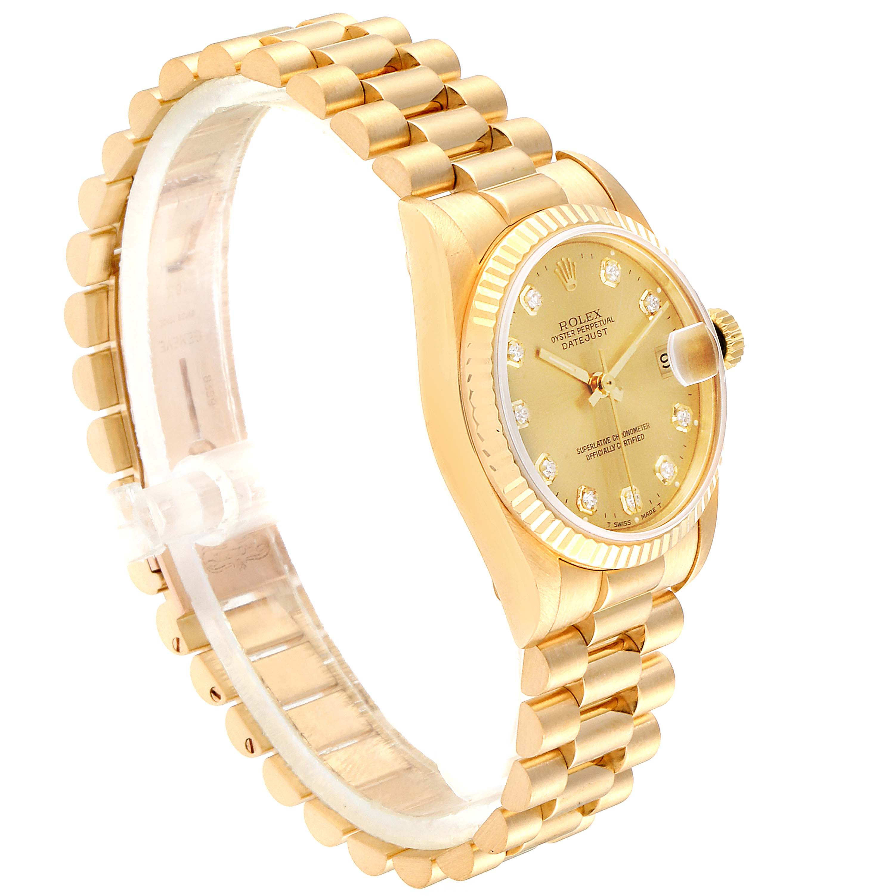 The image shows a side angle view of a Rolex President 68278 Women
s Yellow Gold Champagne Dial 68278 Women
s Yellow Gold Champagne Dial model watch, revealing its bracelet, case, and dial.