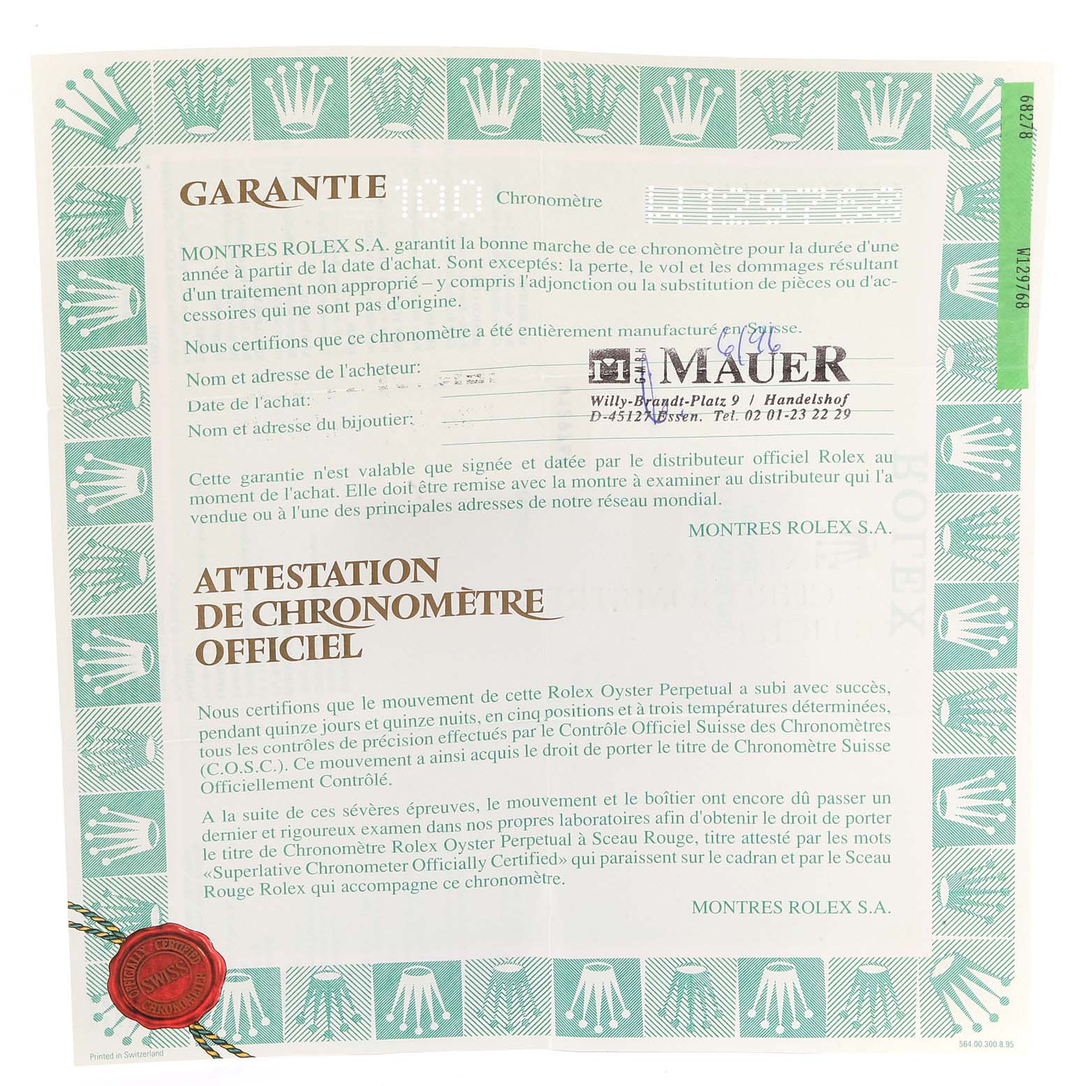 The image shows a Rolex President 68278 Women
s Yellow Gold Champagne Dial 68278 Women
s Yellow Gold Champagne Dial model warranty and official chronometer certification document.