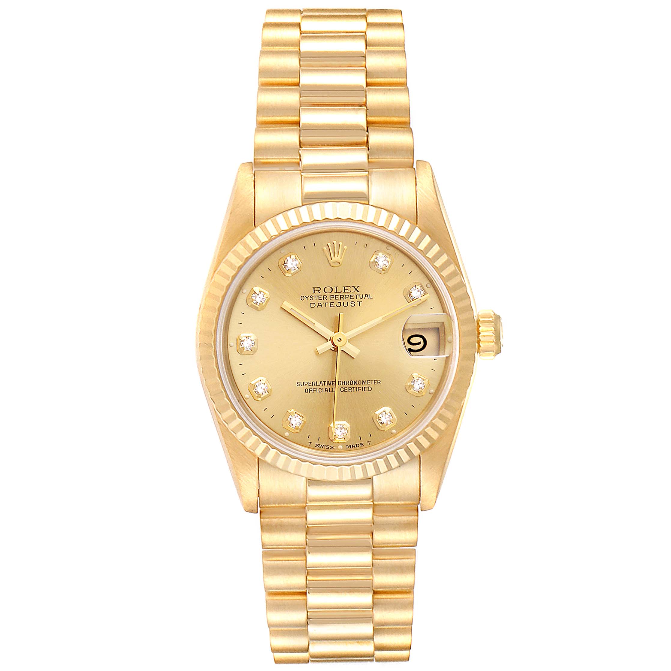 The image shows a front view of a Rolex President 68278 Women
s Yellow Gold Champagne Dial 68278 Women
s Yellow Gold Champagne Dial model watch, featuring a gold bracelet, diamond hour markers, and a date display.