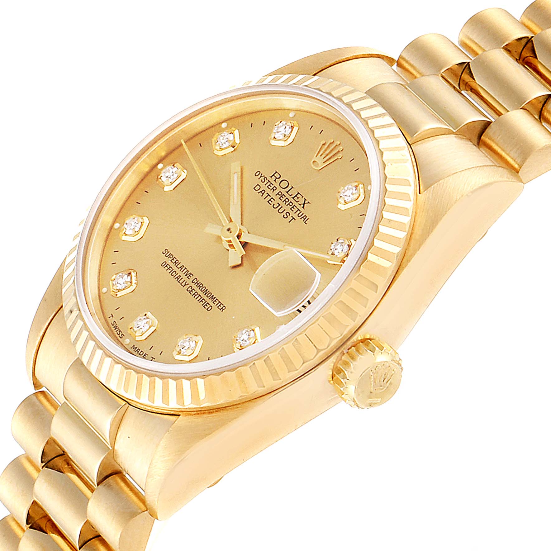 This image shows the Rolex President 68278 Women
s Yellow Gold Champagne Dial 68278 Women
s Yellow Gold Champagne Dial model watch from a side angle, highlighting the dial, bezel, bracelet, and crown.