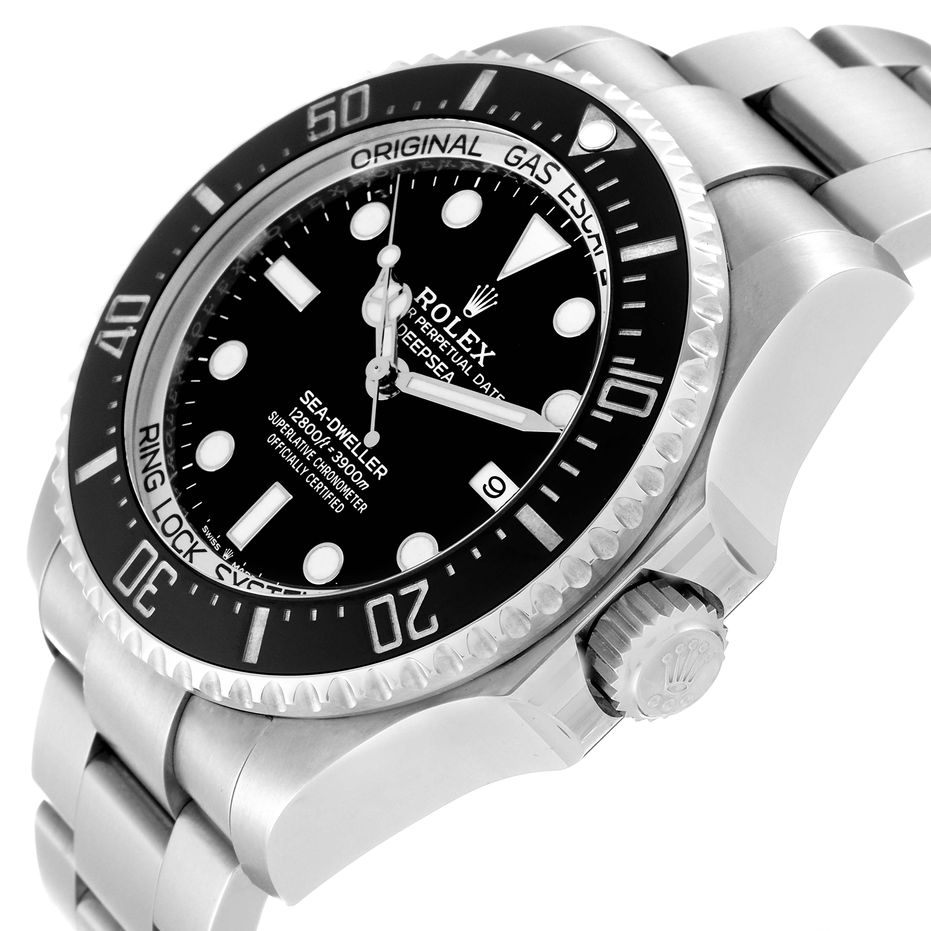 The Rolex Sea-Dweller 126660 Men
s Stainless Steel Black Dial 126660 Men
s Stainless Steel Black Dial watch is shown from an upper side angle, highlighting the dial, bezel, crown, and part of the bracelet.