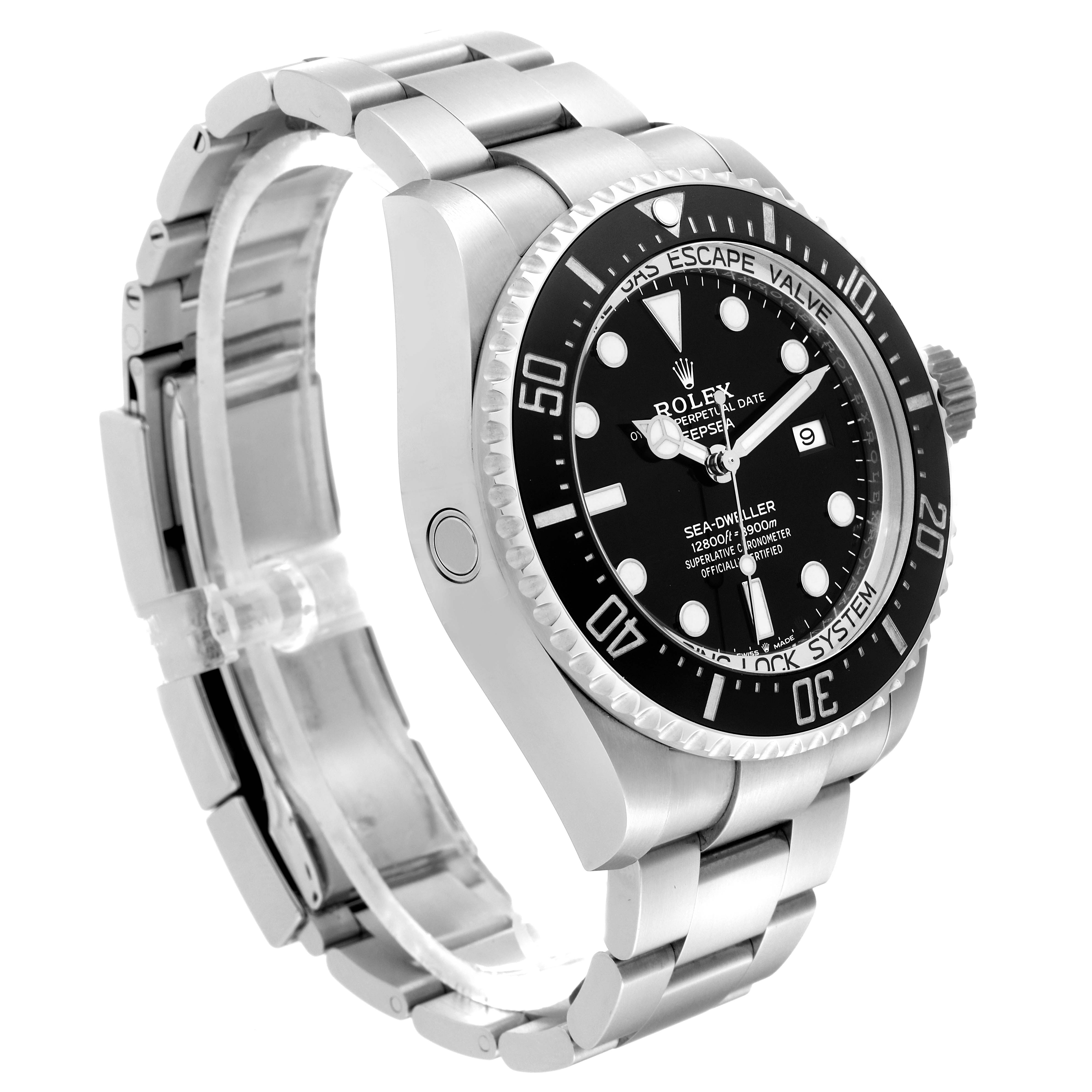 The image shows a Rolex Sea-Dweller 126660 Men
s Stainless Steel Black Dial 126660 Men
s Stainless Steel Black Dial watch angled from the left side, displaying the face, bezel, crown, and partial bracelet.