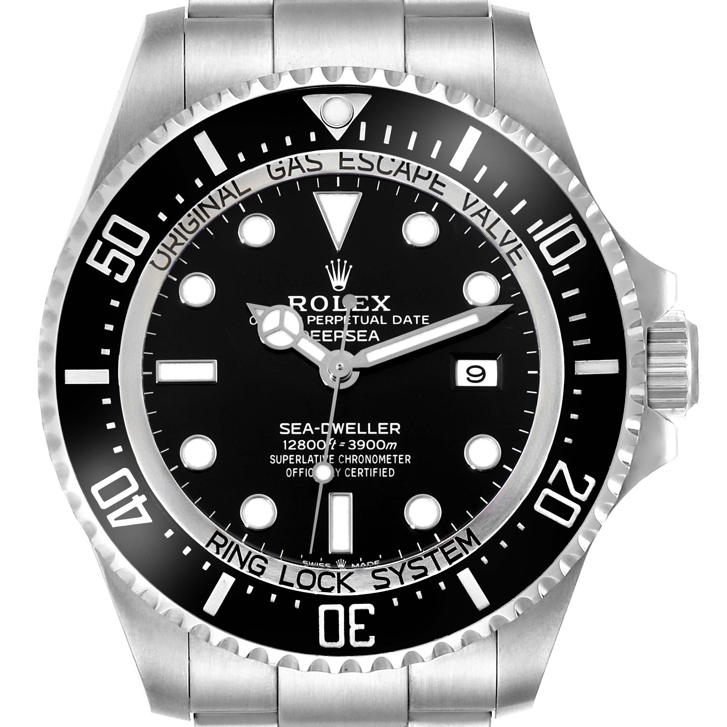 The image shows a front view of the Rolex Sea-Dweller 126660 Men
s Stainless Steel Black Dial 126660 Men
s Stainless Steel Black Dial watch, highlighting its dial, bezel, and date display.