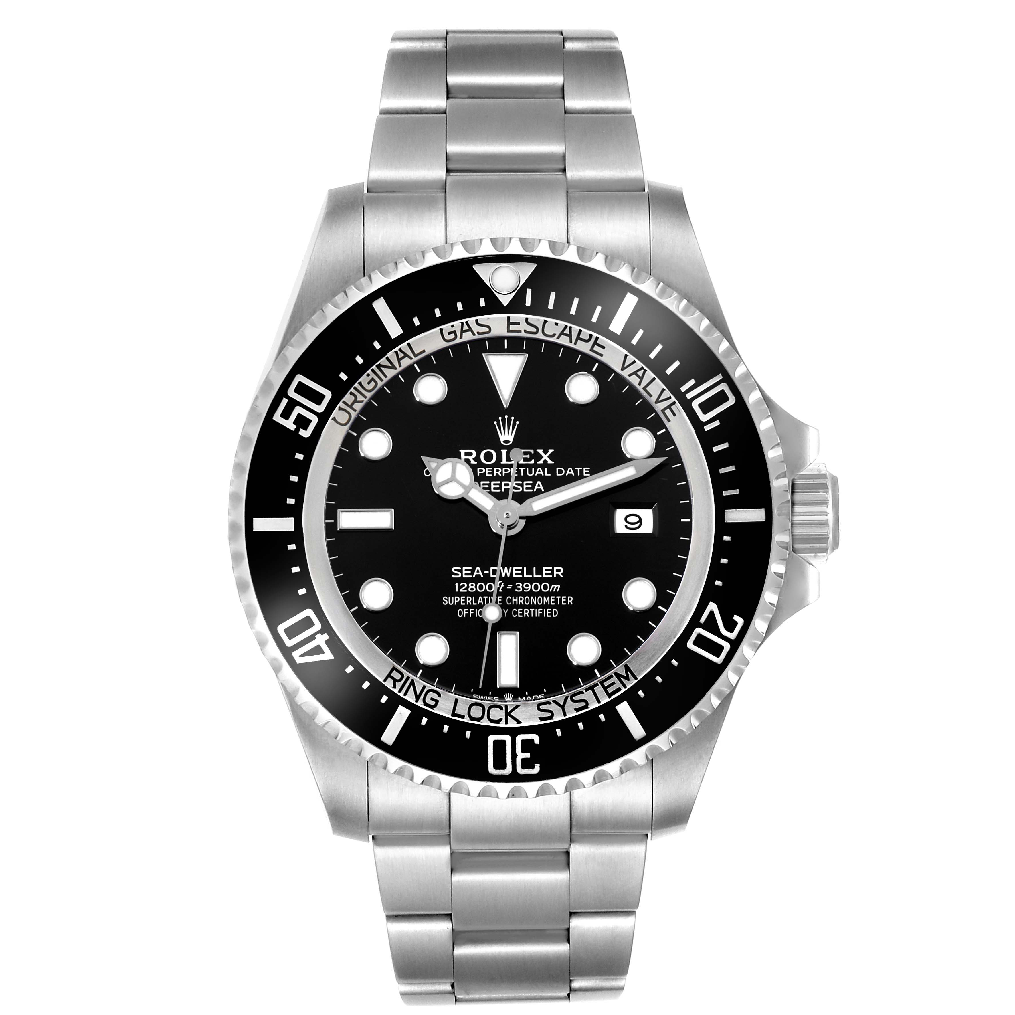 The image shows a front view of a Rolex Sea-Dweller 126660 Men
s Stainless Steel Black Dial 126660 Men
s Stainless Steel Black Dial watch, displaying the dial, bezel, and bracelet.
