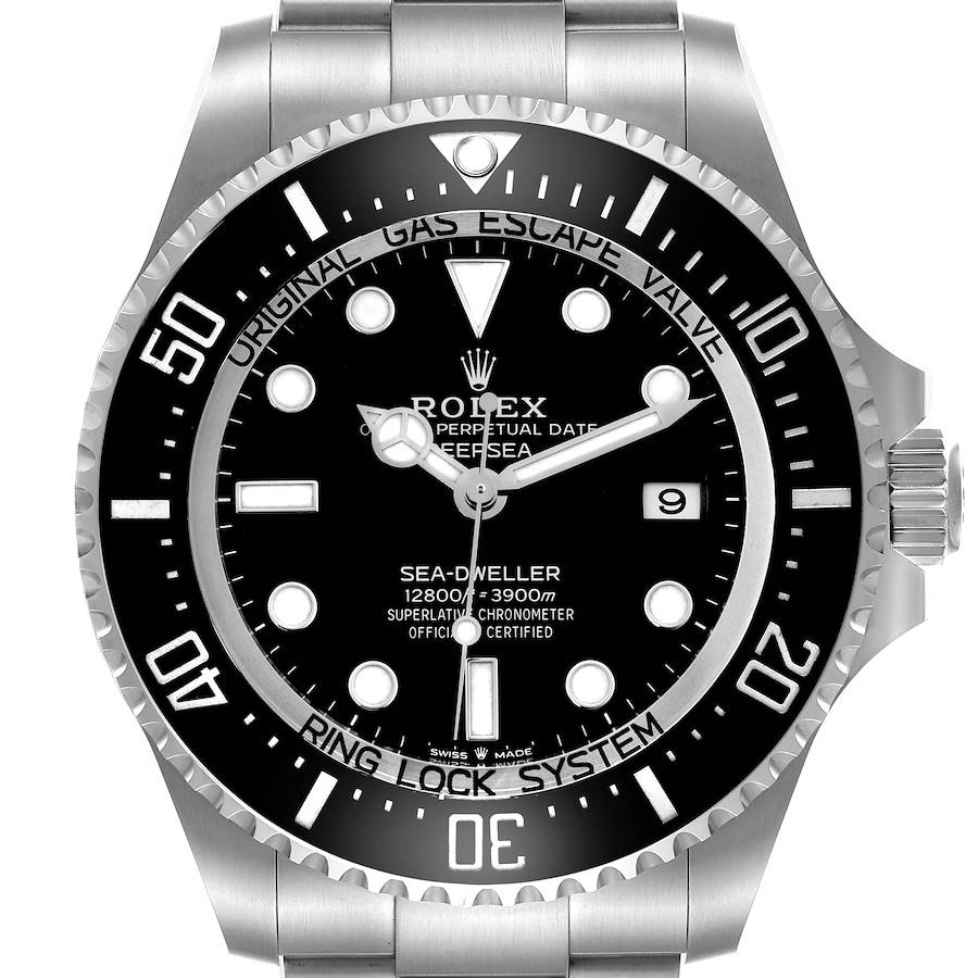 The Rolex Sea-Dweller watch is shown from the front, highlighting the dial, bezel, and part of the bracelet.