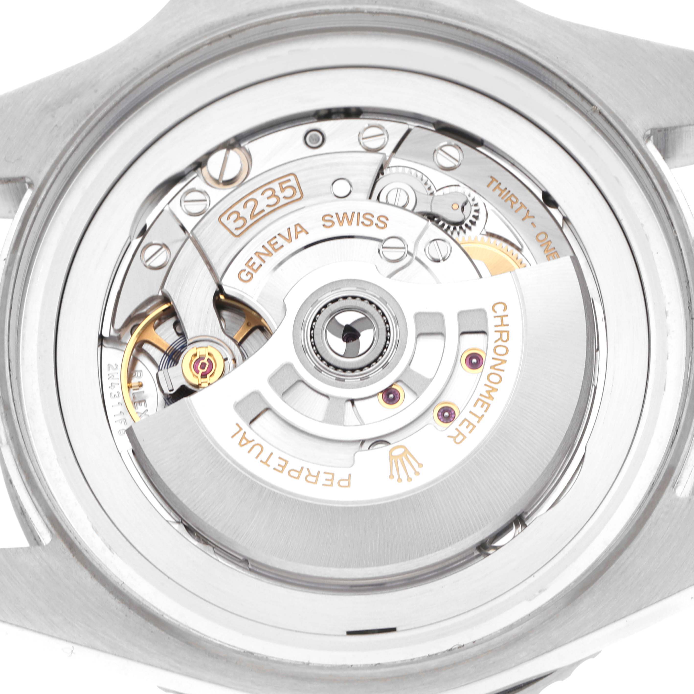 The image shows the movement of a Rolex Sea-Dweller 136660 Men
s Stainless Steel Black Dial 136660 Men
s Stainless Steel Black Dial watch from a back view, highlighting the rotor and gears.