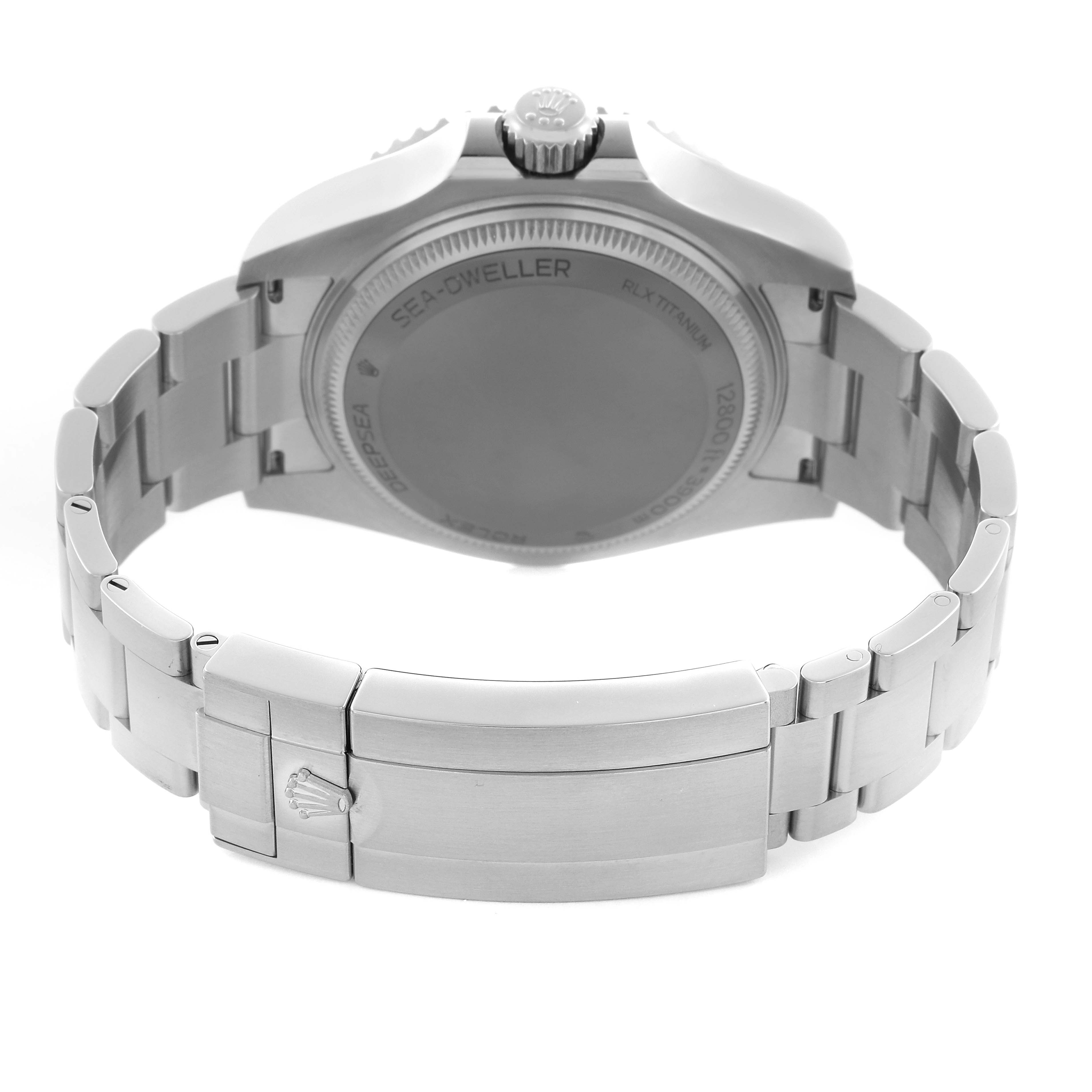 The image shows the back view of the Rolex Sea-Dweller 136660 Men
s Stainless Steel Black Dial 136660 Men
s Stainless Steel Black Dial, highlighting the case back, bracelet, and clasp.