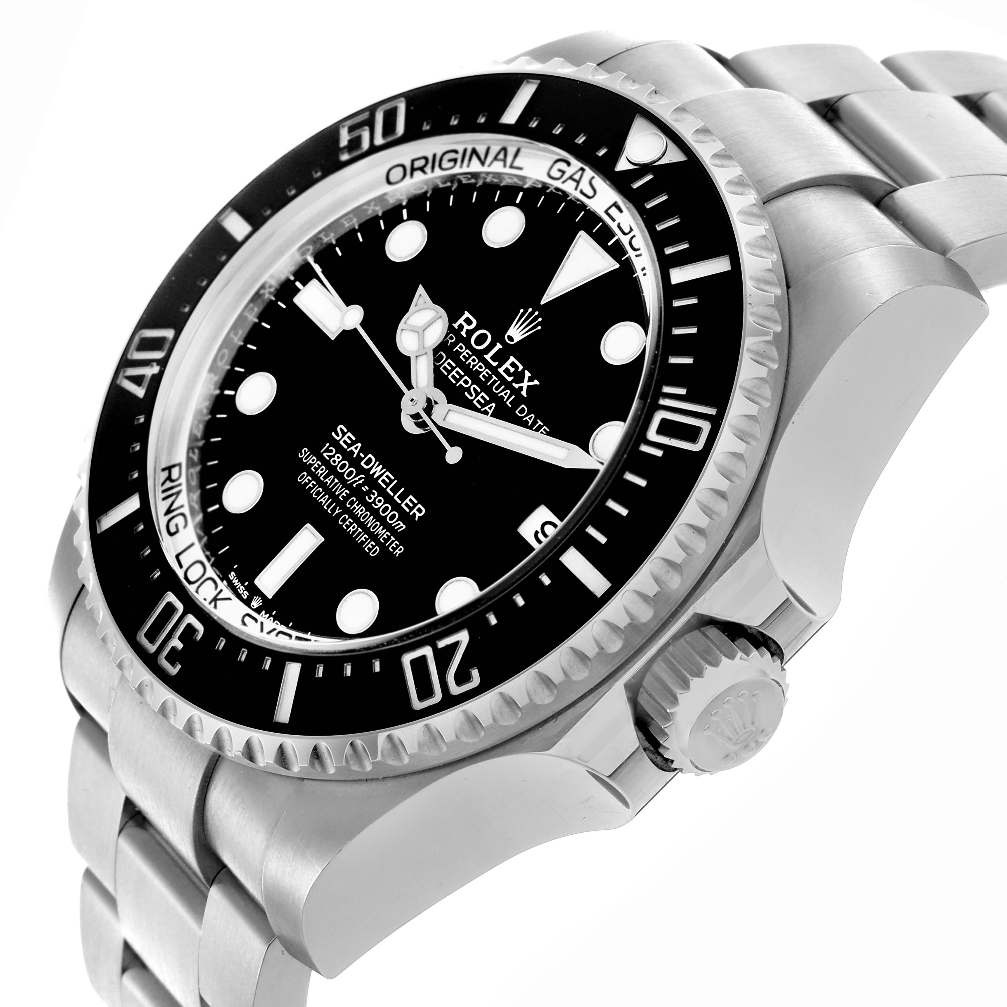 The Rolex Sea-Dweller 136660 Men
s Stainless Steel Black Dial 136660 Men
s Stainless Steel Black Dial watch is shown at an angled side view, displaying the bezel, dial, bracelet, and crown.