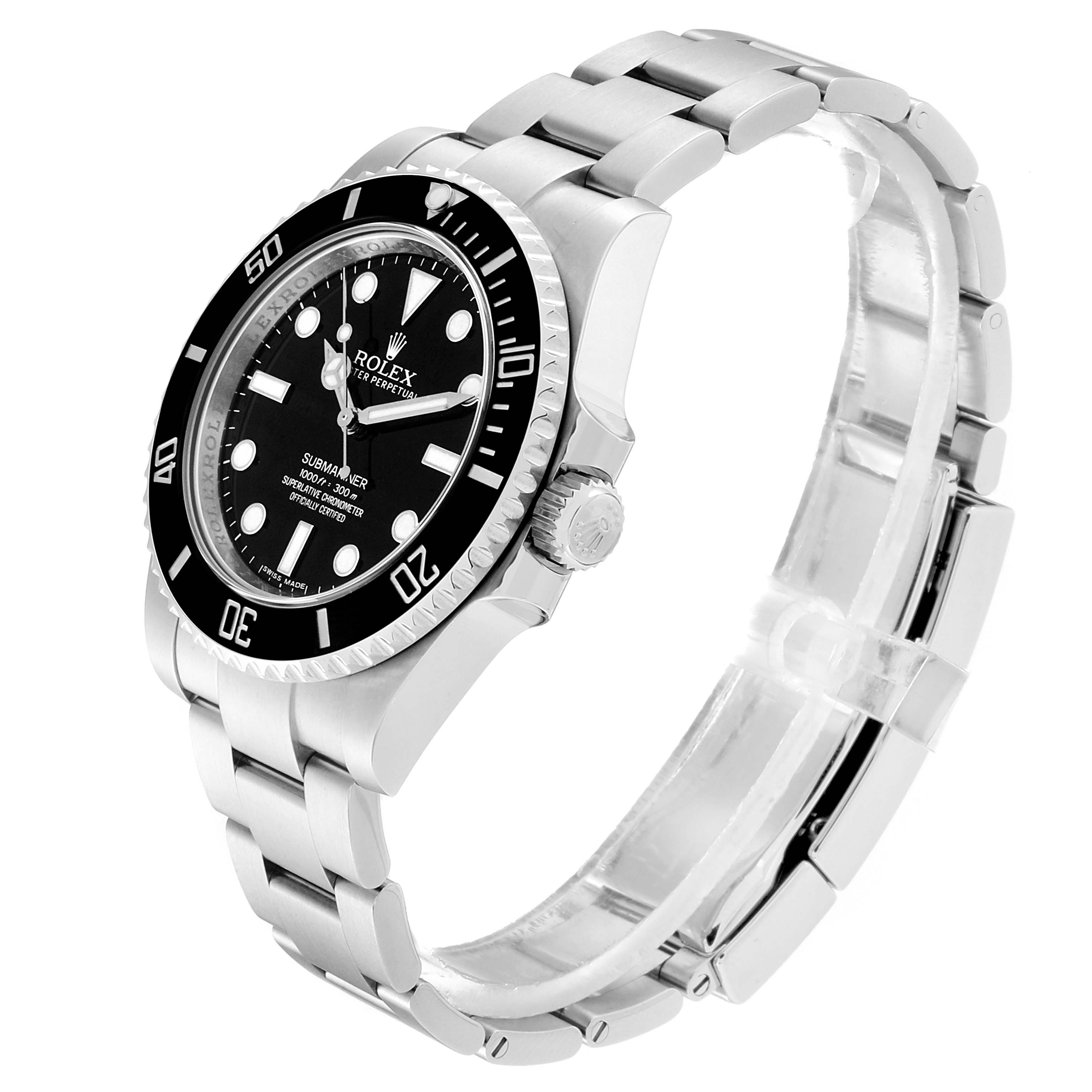 The Rolex Submariner 114060 Men
s Stainless Steel Black Dial 114060 Men
s Stainless Steel Black Dial watch is shown at an angled top view, displaying its face, bezel, crown, and bracelet.