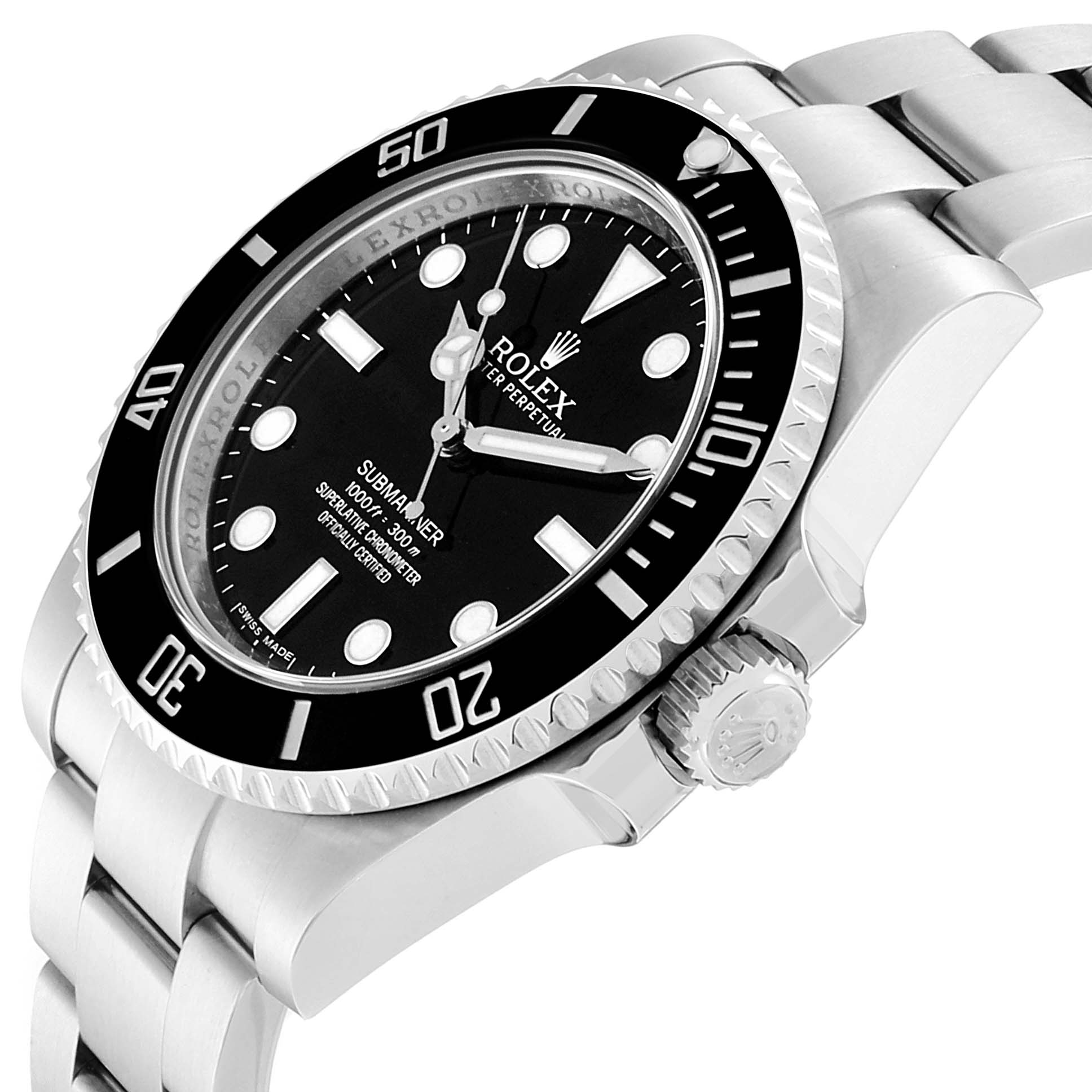 This image shows a Rolex Submariner 114060 Men
s Stainless Steel Black Dial 114060 Men
s Stainless Steel Black Dial watch at a slight side angle, highlighting the bezel, dial, crown, and part of the bracelet.