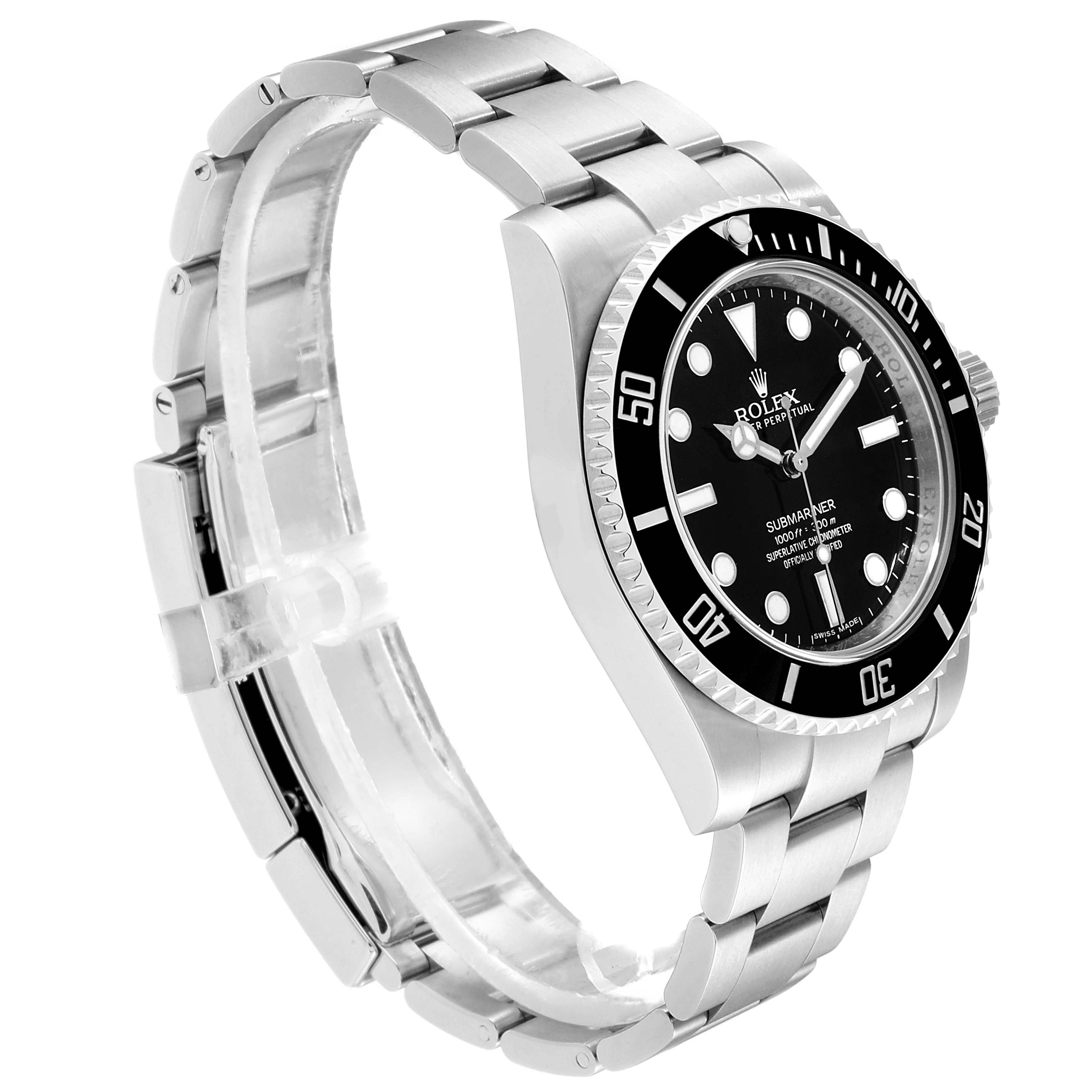 The image shows a side angle of the Rolex Submariner 114060 Men
s Stainless Steel Black Dial 114060 Men
s Stainless Steel Black Dial watch, highlighting its black dial, bezel, and metal bracelet.