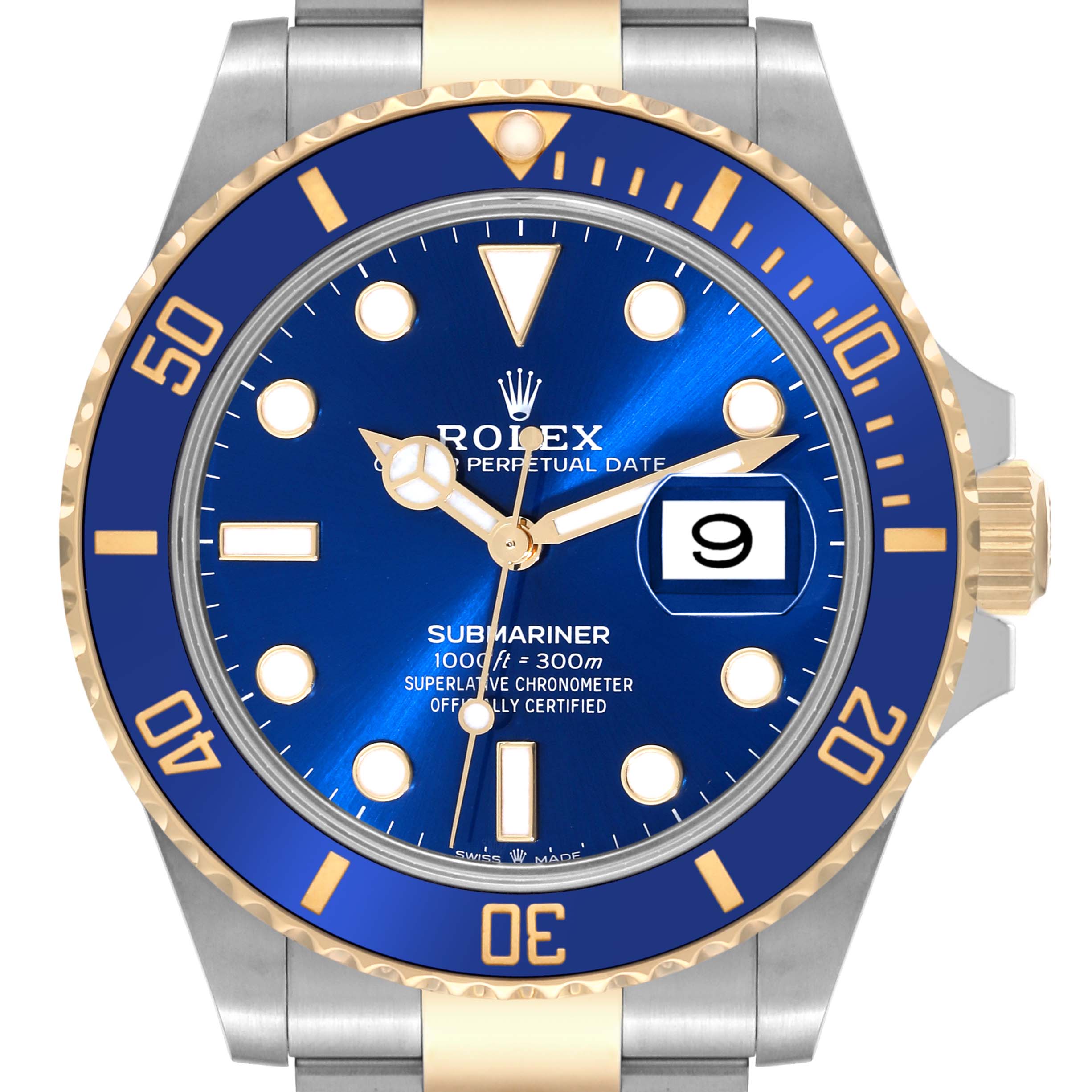 The image shows a front view of a Rolex Submariner 126613LB Men's Steel and Gold (two tone) Blue Dial 126613LB Men's Steel and Gold (two tone) Blue Dial watch, highlighting its blue dial, bezel, and date window.