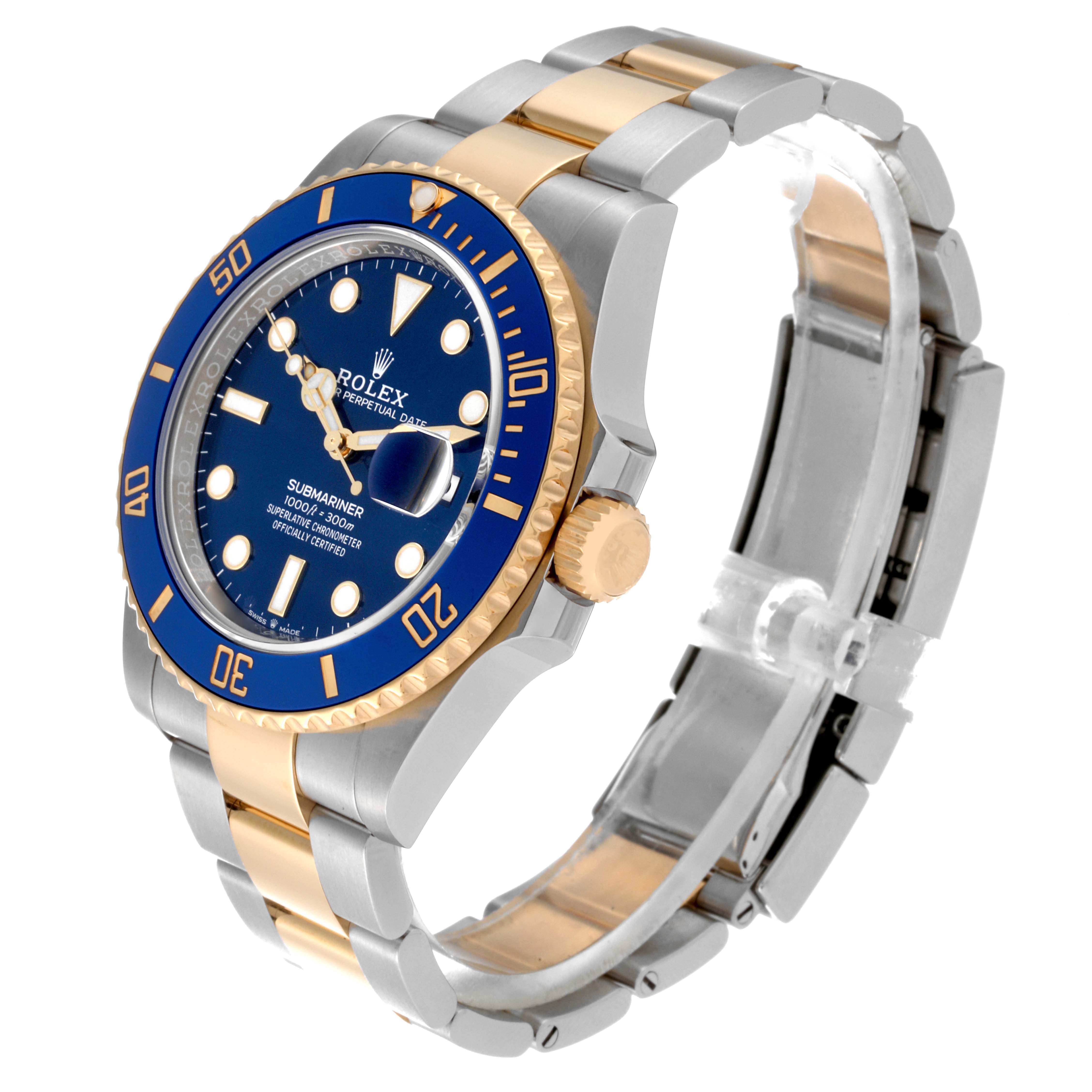 The Rolex Submariner 126613LB Men's Steel and Gold (two tone) Blue Dial 126613LB Men's Steel and Gold (two tone) Blue Dial watch is shown at an angled side view, displaying its face, bezel, crown, and bracelet.