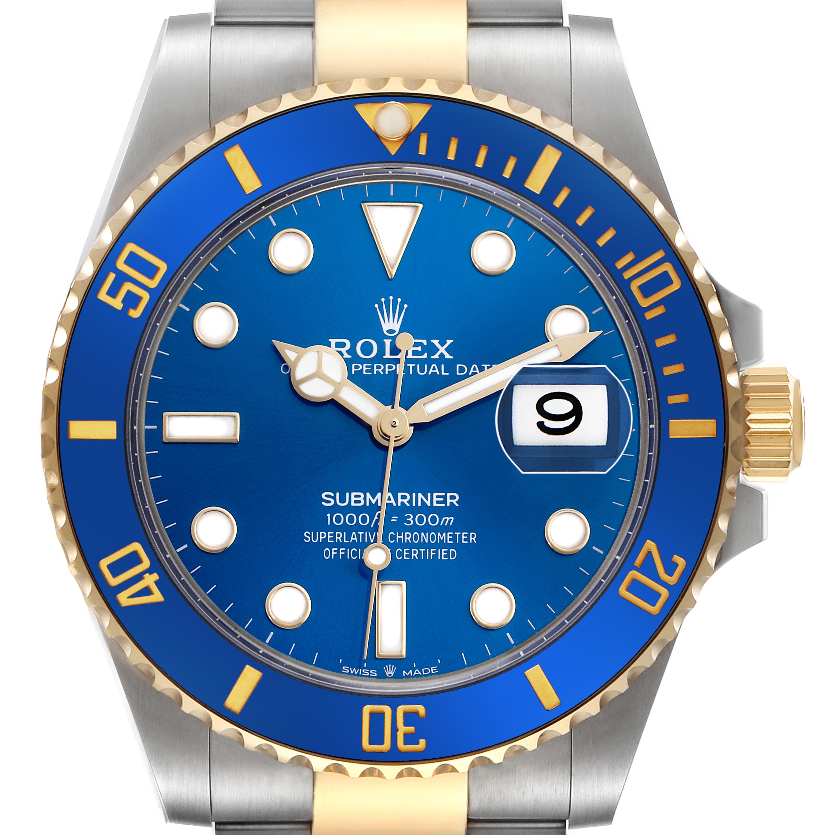 The image shows a close-up of a Rolex Submariner 126613 Men
s Steel and Gold (two tone) Blue Dial 126613 Men
s Steel and Gold (two tone) Blue Dial
s dial, bezel, crown, and part of the bracelet.