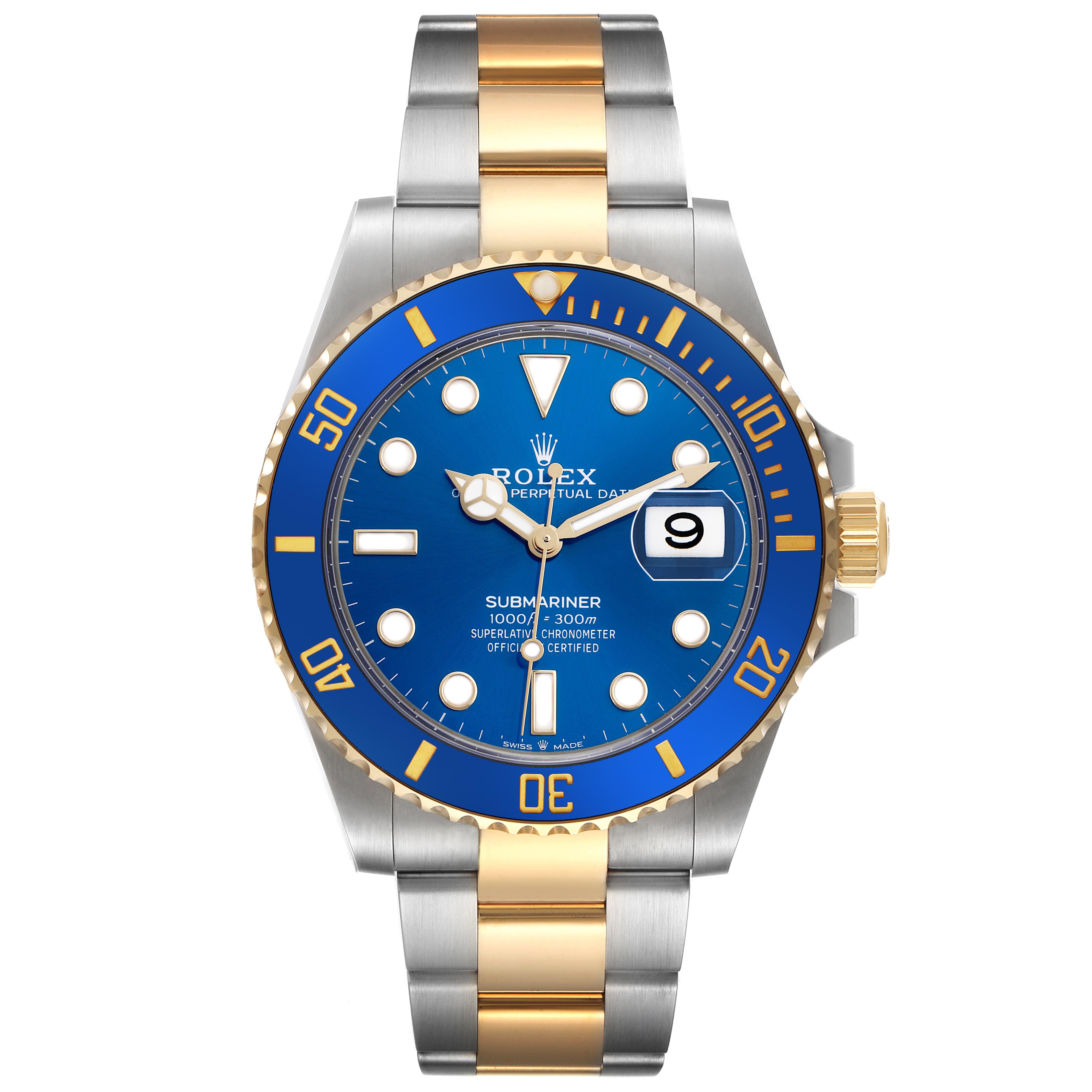 The image shows a Rolex Submariner 126613 Men
s Steel and Gold (two tone) Blue Dial 126613 Men
s Steel and Gold (two tone) Blue Dial watch from a front angle, highlighting its blue dial, two-tone bracelet, and bezel.