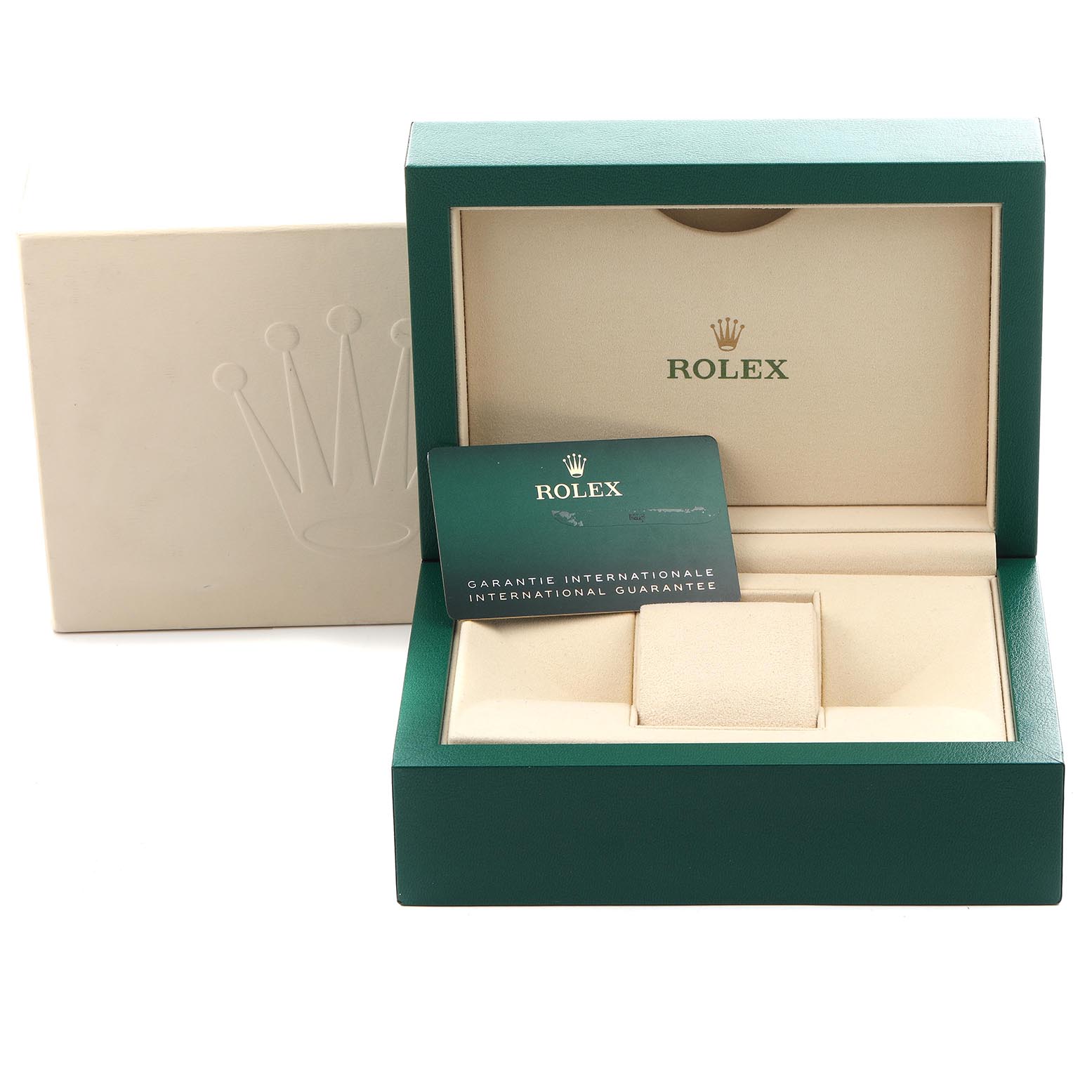 The image shows a Rolex Submariner 126613 Men
s Steel and Gold (two tone) Blue Dial 126613 Men
s Steel and Gold (two tone) Blue Dial watch box with a guarantee card and cushion, viewed from a front angle.