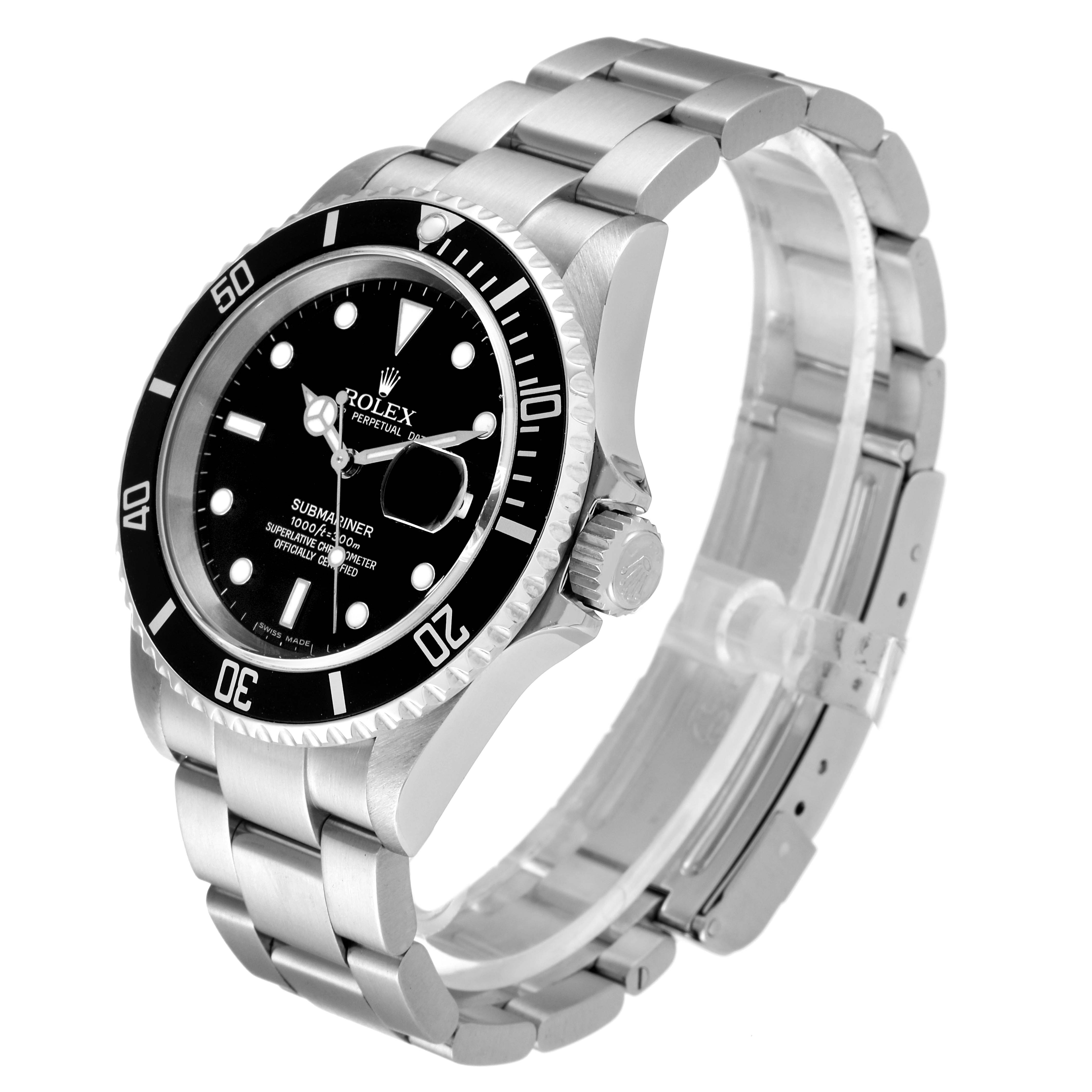 The image shows a Rolex Submariner 16610 Men
s Stainless Steel Black Dial 16610 Men
s Stainless Steel Black Dial watch at a three-quarter angle, highlighting the dial, bezel, crown, and bracelet.