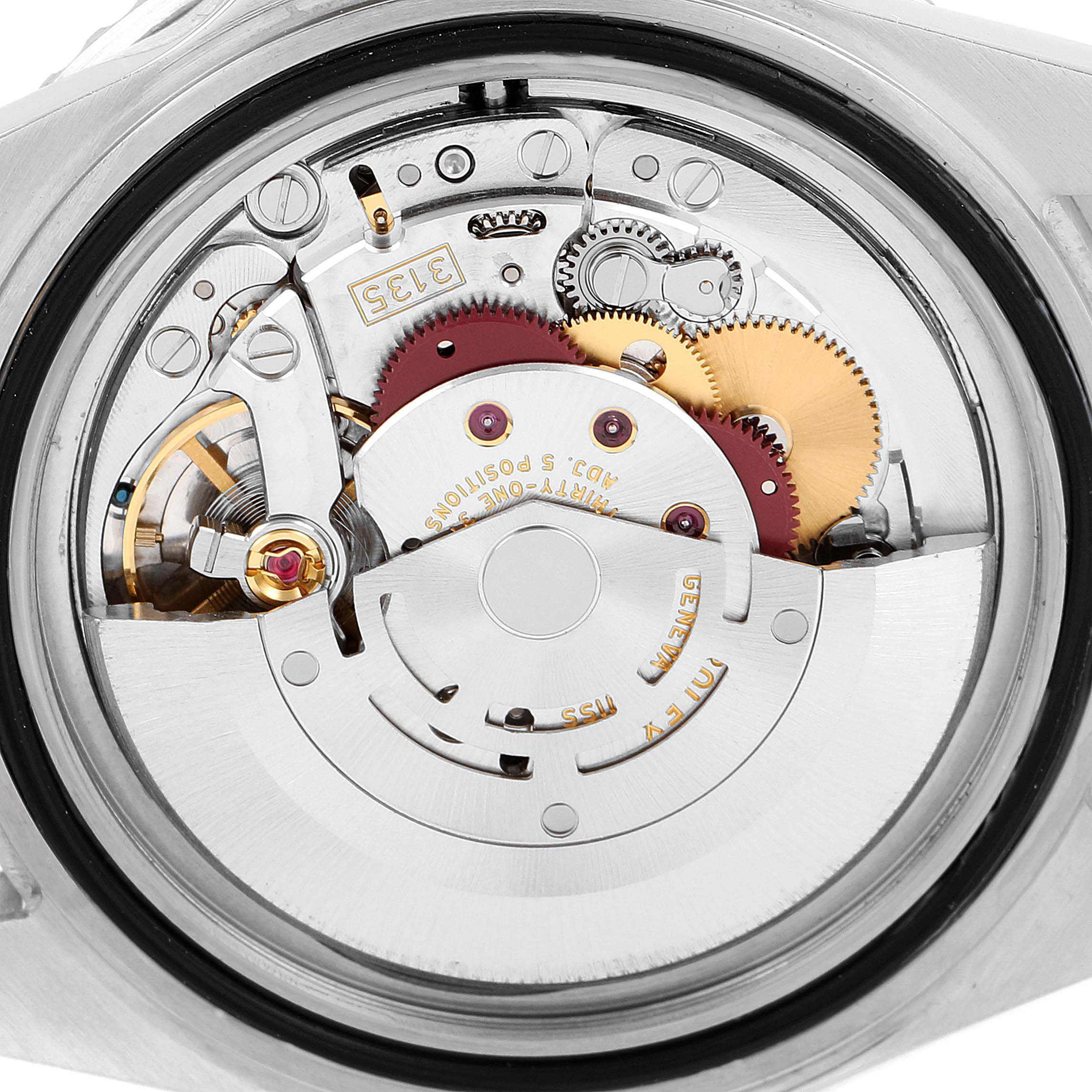 This image shows the intricate internal workings and mechanical movement of the Rolex Submariner 16610 Men
s Stainless Steel Black Dial 16610 Men
s Stainless Steel Black Dial watch from a back angle.