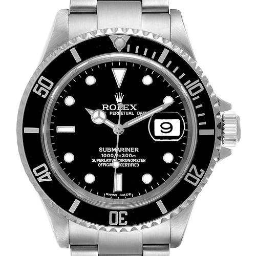 The image shows a front view of a Rolex Submariner watch, featuring its bezel, dial, hands, bracelet, and date window.