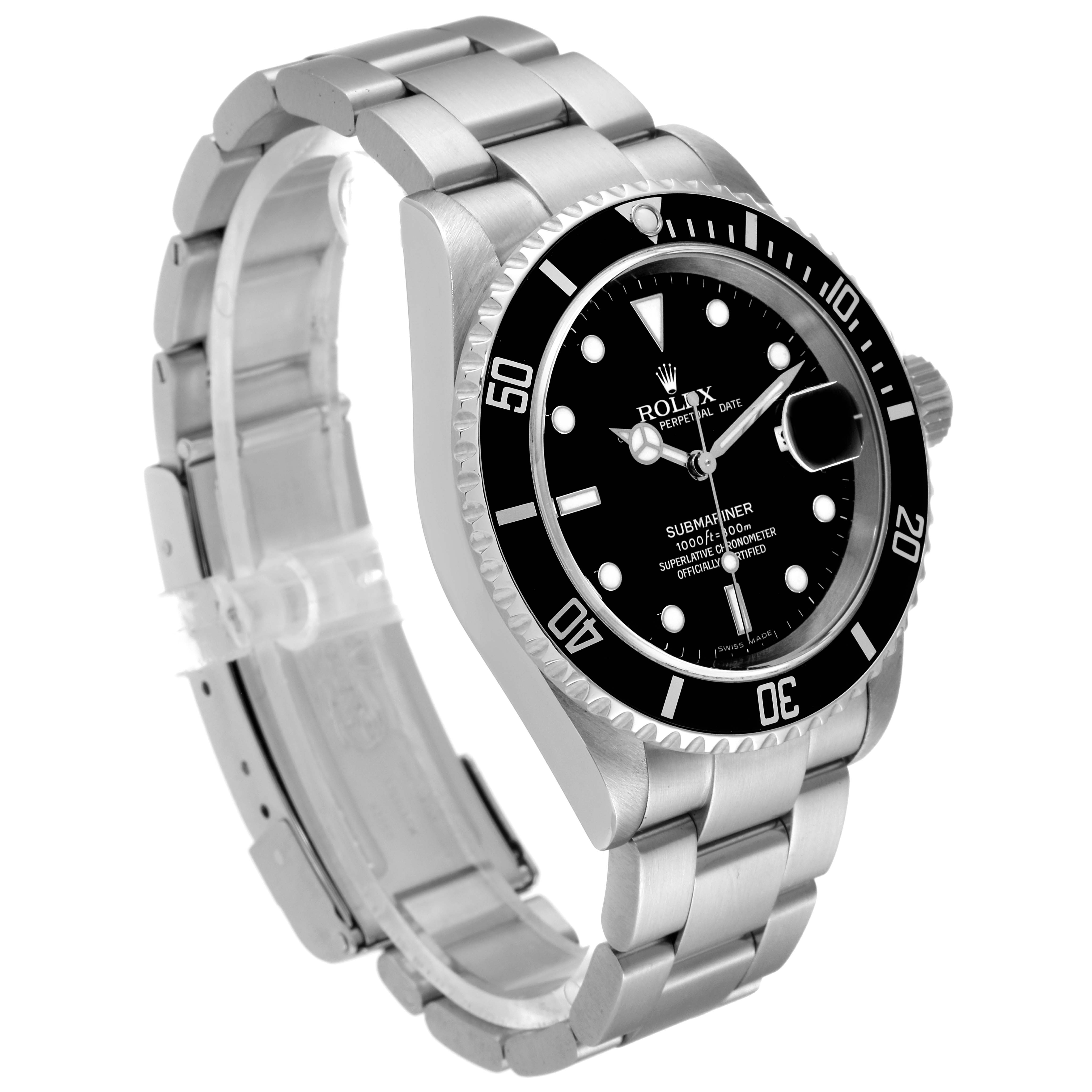 The image shows a side and front angle of a Rolex Submariner 16610 Men
s Stainless Steel Black Dial 16610 Men
s Stainless Steel Black Dial watch, displaying the face, bezel, and bracelet.