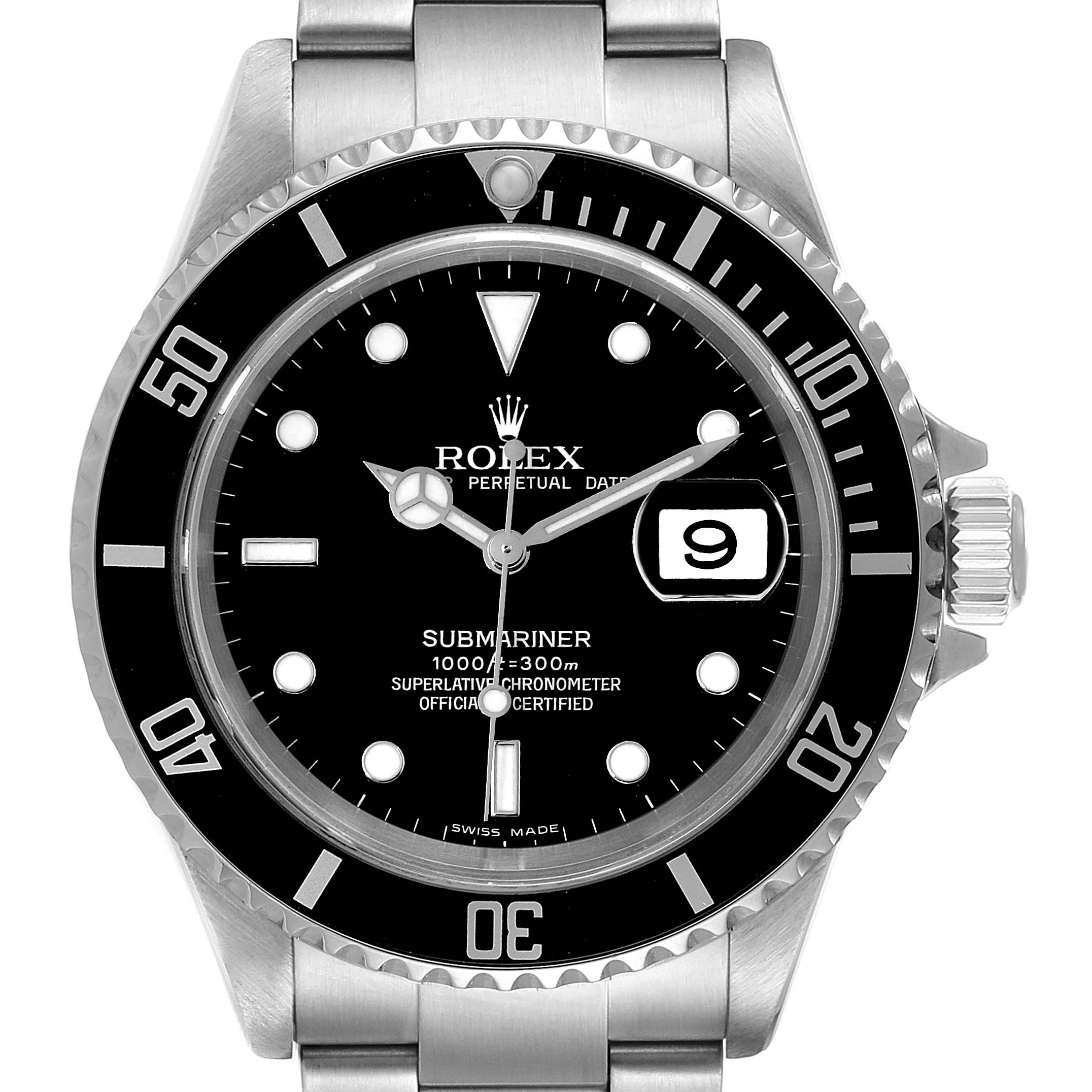This image shows a close-up front view of a Rolex Submariner 16610 Men
s Stainless Steel Black Dial 16610 Men
s Stainless Steel Black Dial watch, featuring the dial, bezel, and part of the bracelet.