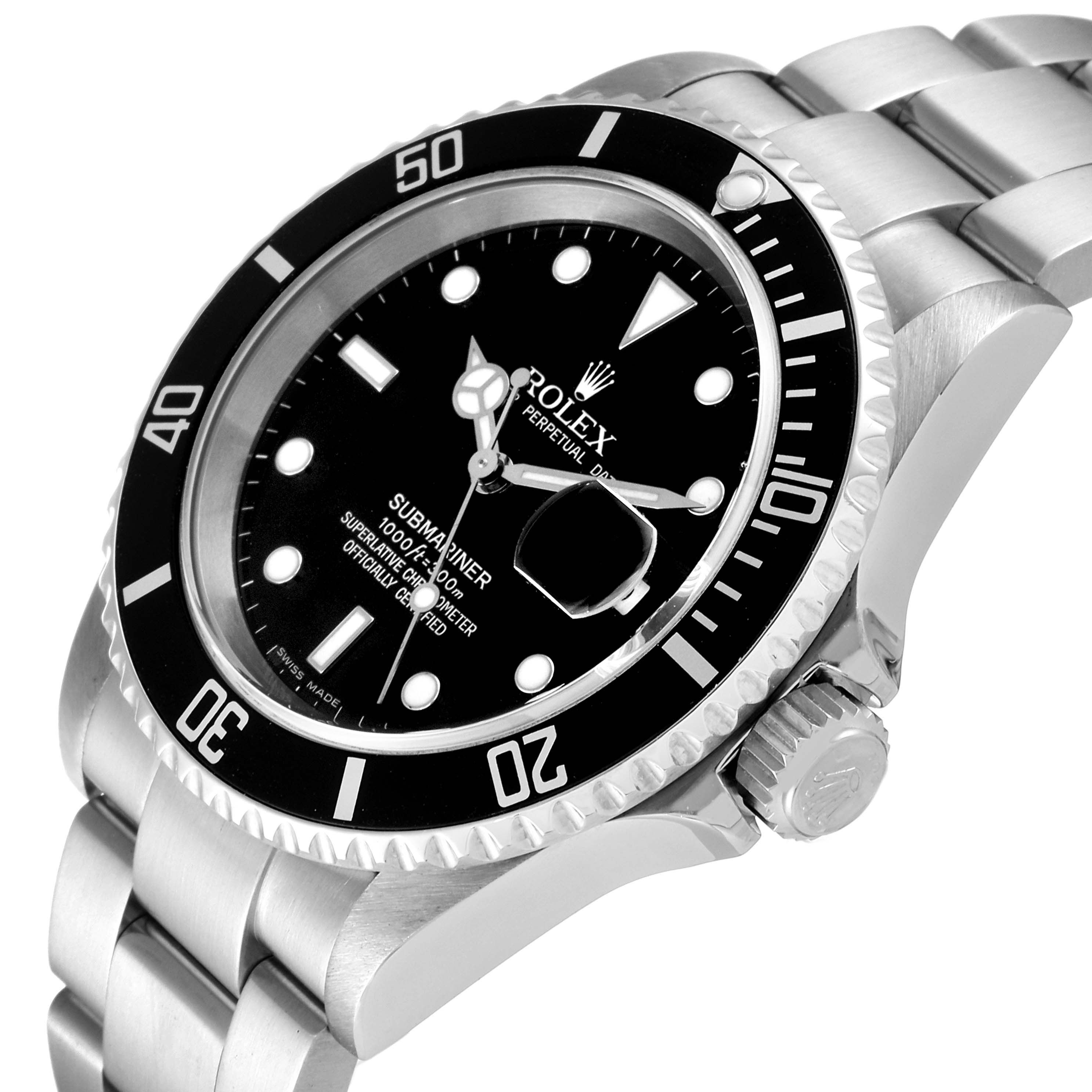 This image shows a close-up angled view of a Rolex Submariner 16610 Men
s Stainless Steel Black Dial 16610 Men
s Stainless Steel Black Dial watch, highlighting the dial, bezel, and part of the bracelet.