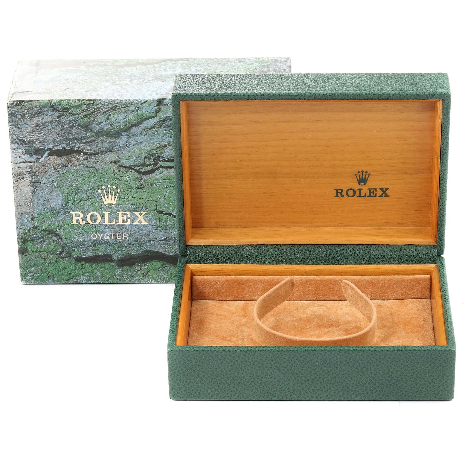 The image shows an open green Rolex Submariner 16610 Men
s Stainless Steel Black Dial 16610 Men
s Stainless Steel Black Dial watch box and its outer green textured box with the Rolex logo.