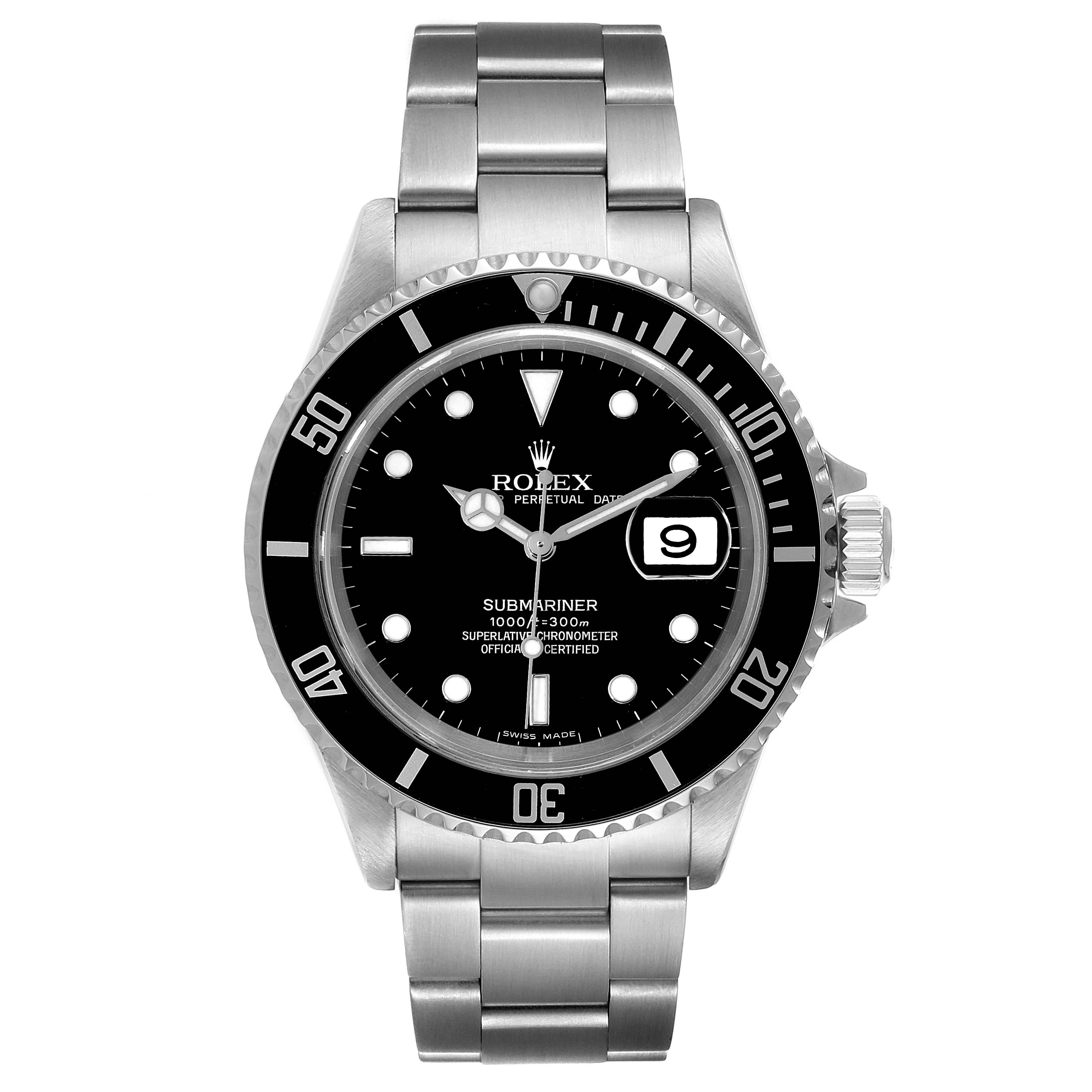This image shows a front view of the Rolex Submariner 16610 Men
s Stainless Steel Black Dial 16610 Men
s Stainless Steel Black Dial watch, displaying the dial, bezel, crown, and bracelet.