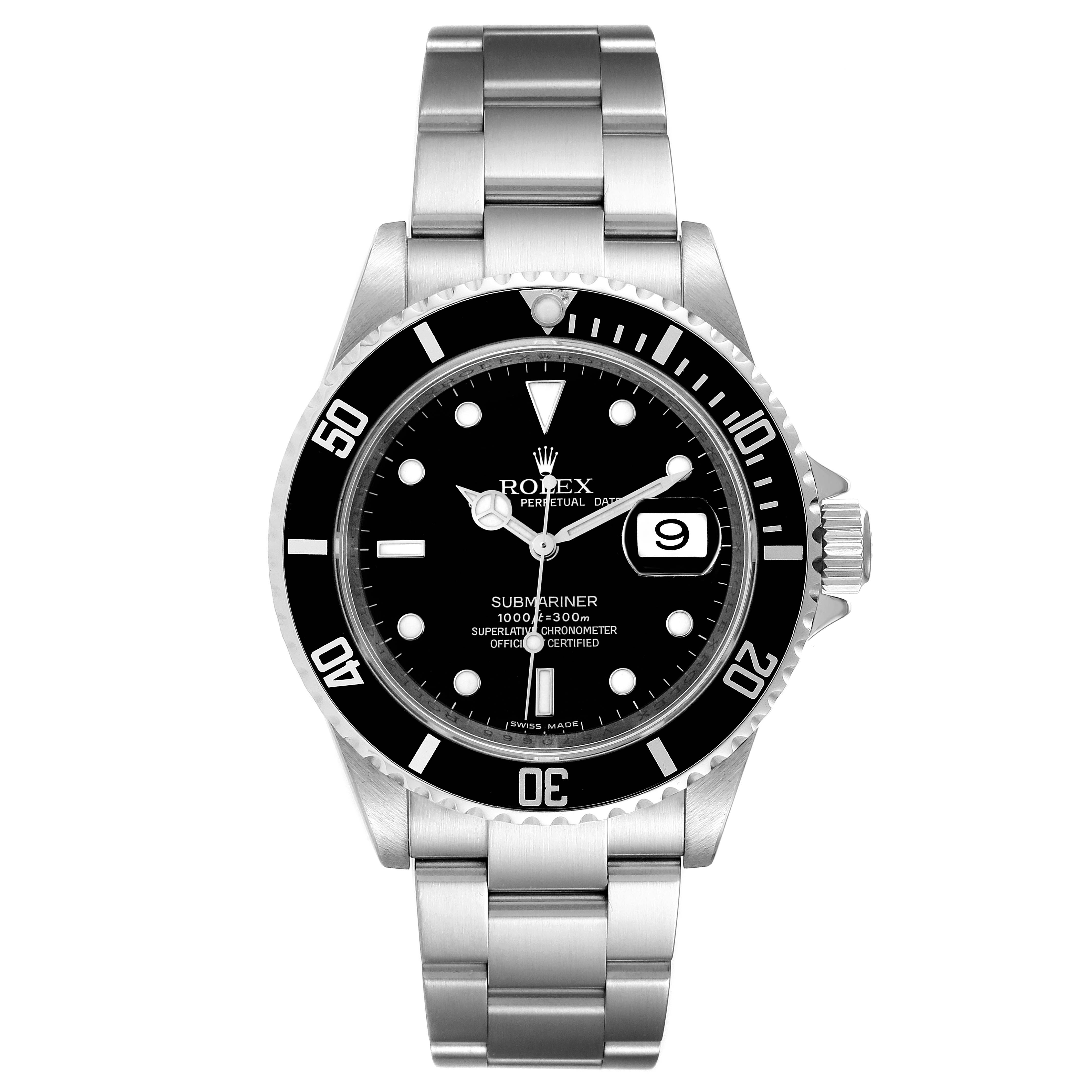 This image shows a front view of a Rolex Submariner 16610 Men's Stainless Steel Black Dial 16610 Men's Stainless Steel Black Dial model, displaying its black dial, bezel, and metal bracelet.