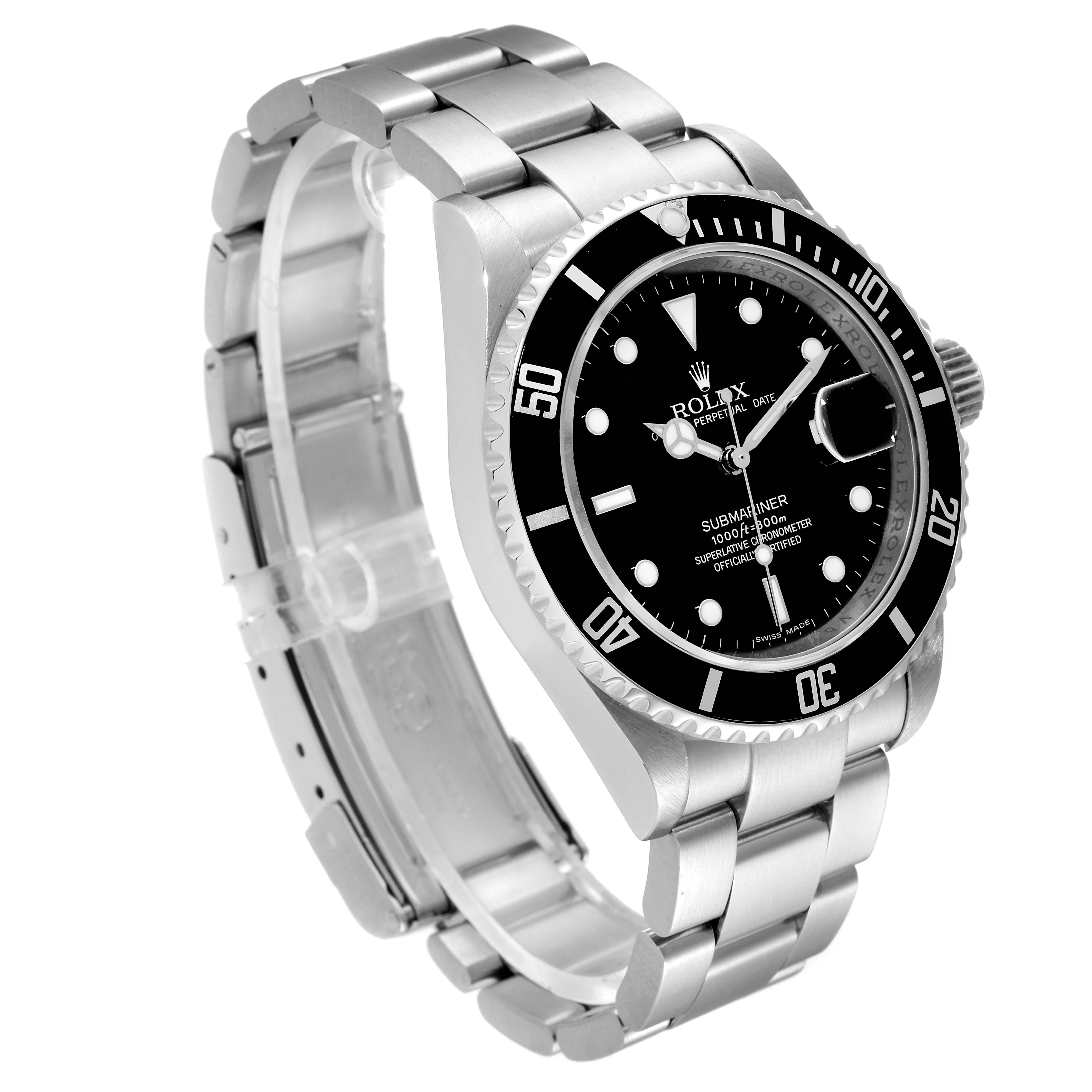 The image shows a Rolex Submariner 16610 Men's Stainless Steel Black Dial 16610 Men's Stainless Steel Black Dial watch at a slight angled view, displaying its face, bezel, bracelet, and crown.