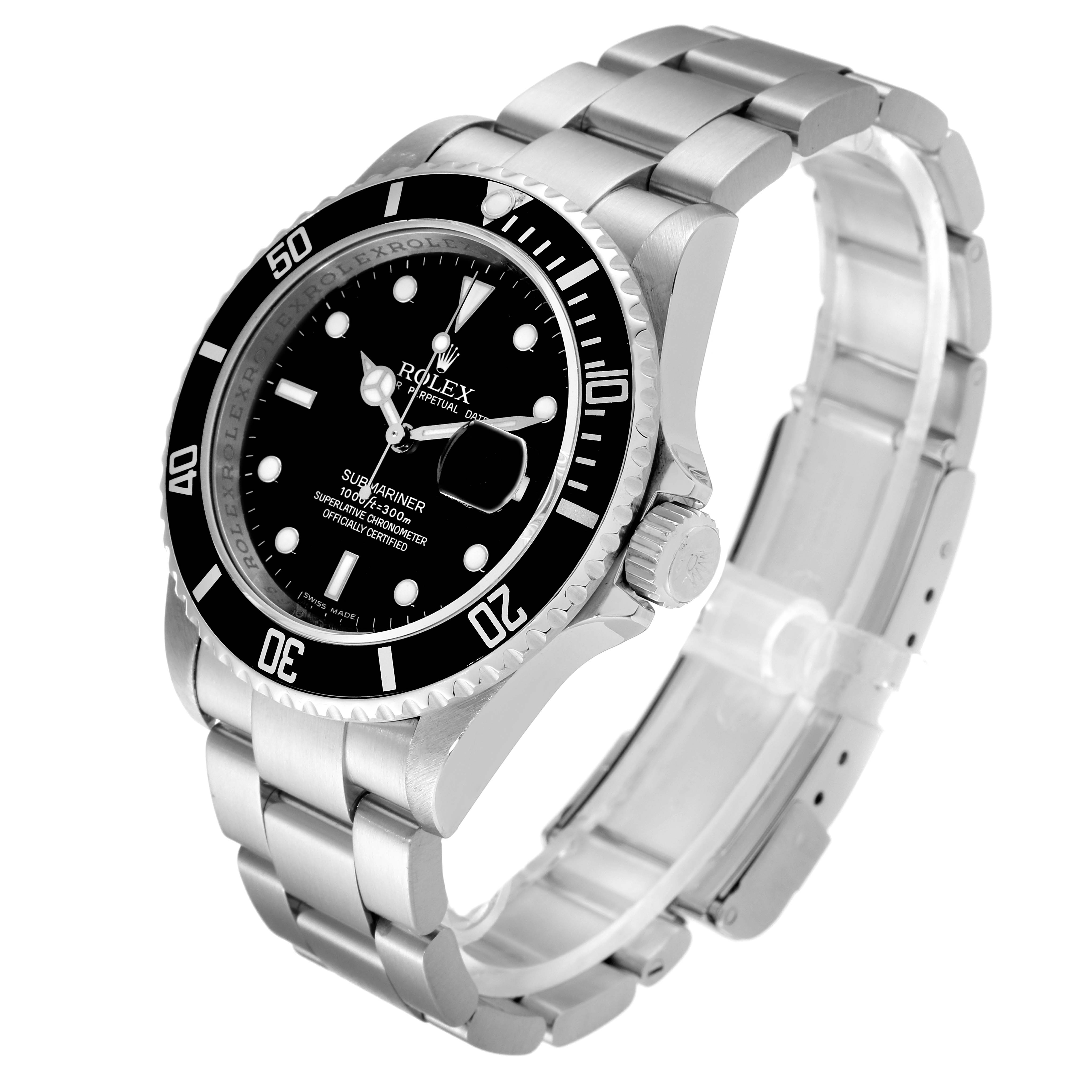 The image shows a side and front view of the Rolex Submariner 16610 Men's Stainless Steel Black Dial 16610 Men's Stainless Steel Black Dial watch, highlighting the bezel, dial, crown, and bracelet.