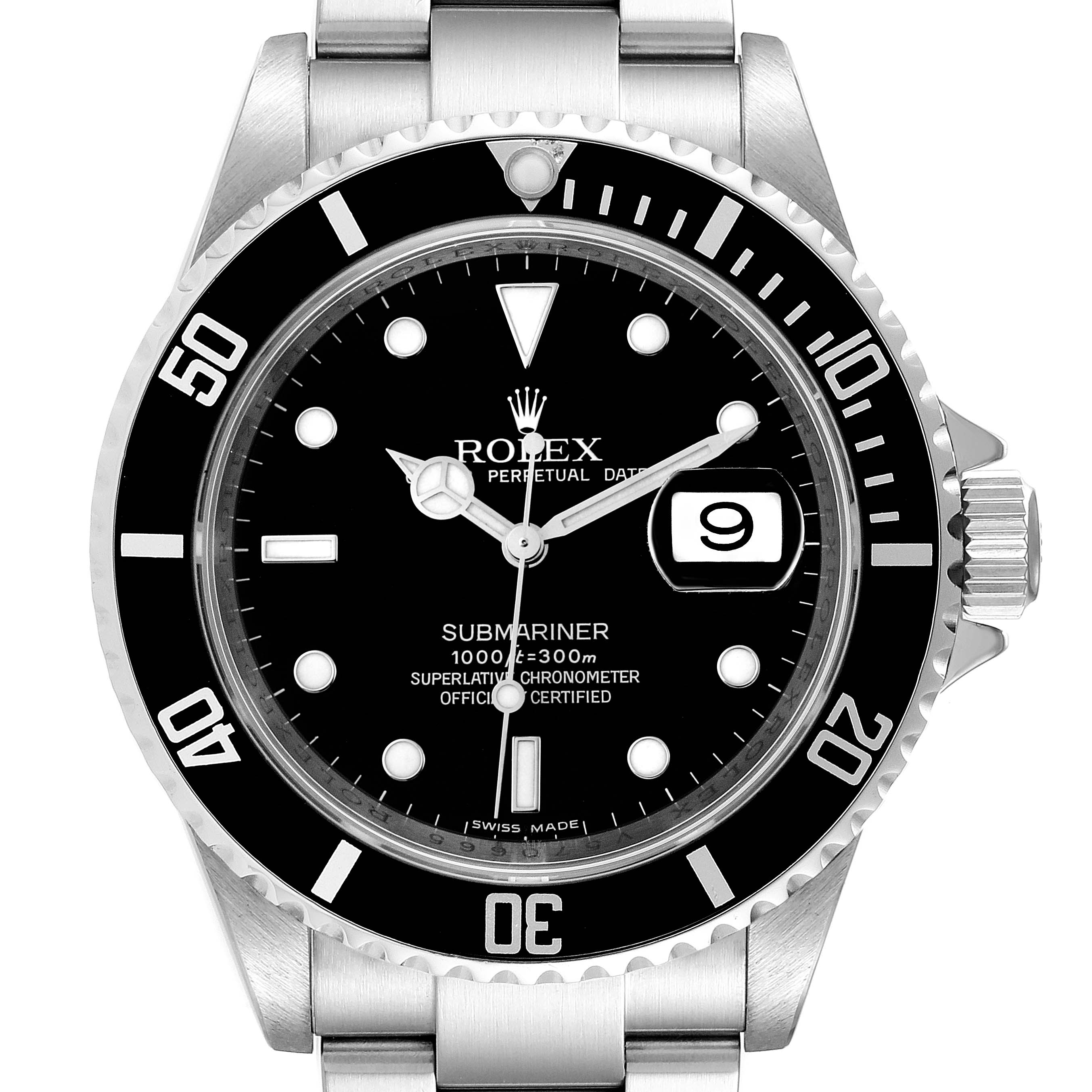 The image shows a frontal view of the Rolex Submariner 16610 Men's Stainless Steel Black Dial 16610 Men's Stainless Steel Black Dial, highlighting its dial, bezel, and crown.