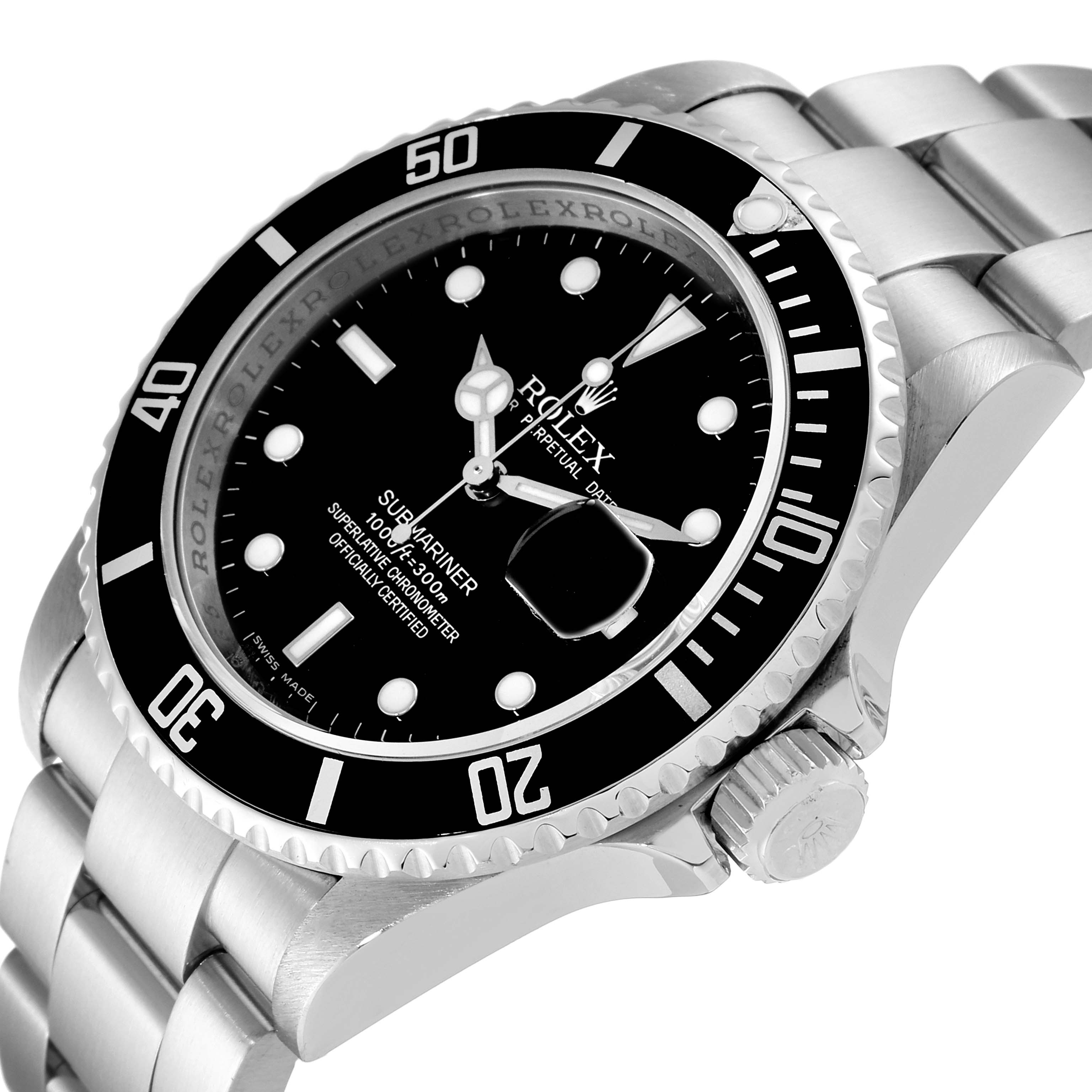 This image shows a close-up of the face, bezel, crown, and part of the bracelet of the Rolex Submariner 16610 Men's Stainless Steel Black Dial 16610 Men's Stainless Steel Black Dial watch.