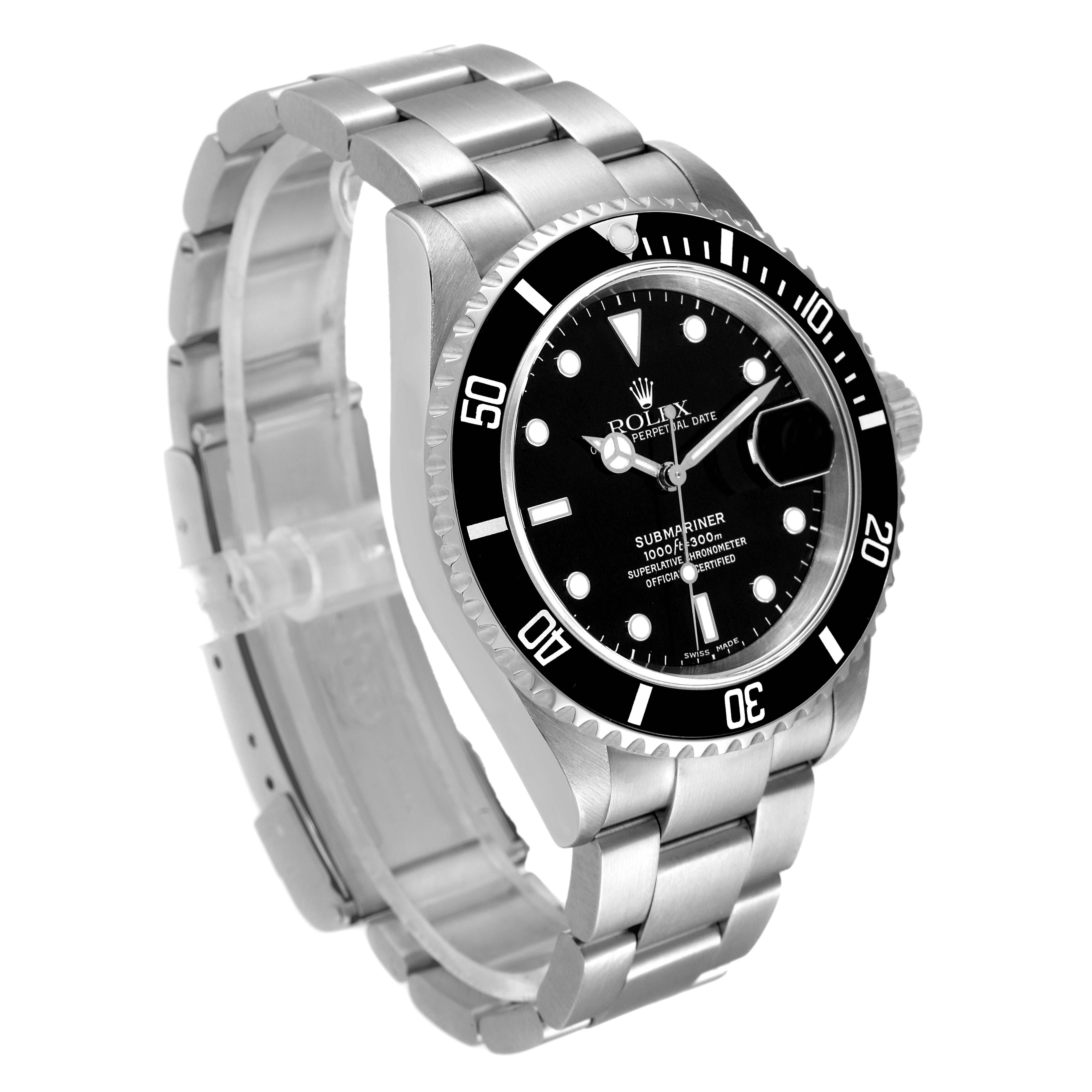 The Rolex Submariner 16610 Men
s Stainless Steel Black Dial 16610 Men
s Stainless Steel Black Dial watch is shown at a slight front angle, highlighting its dial, bezel, and bracelet.
