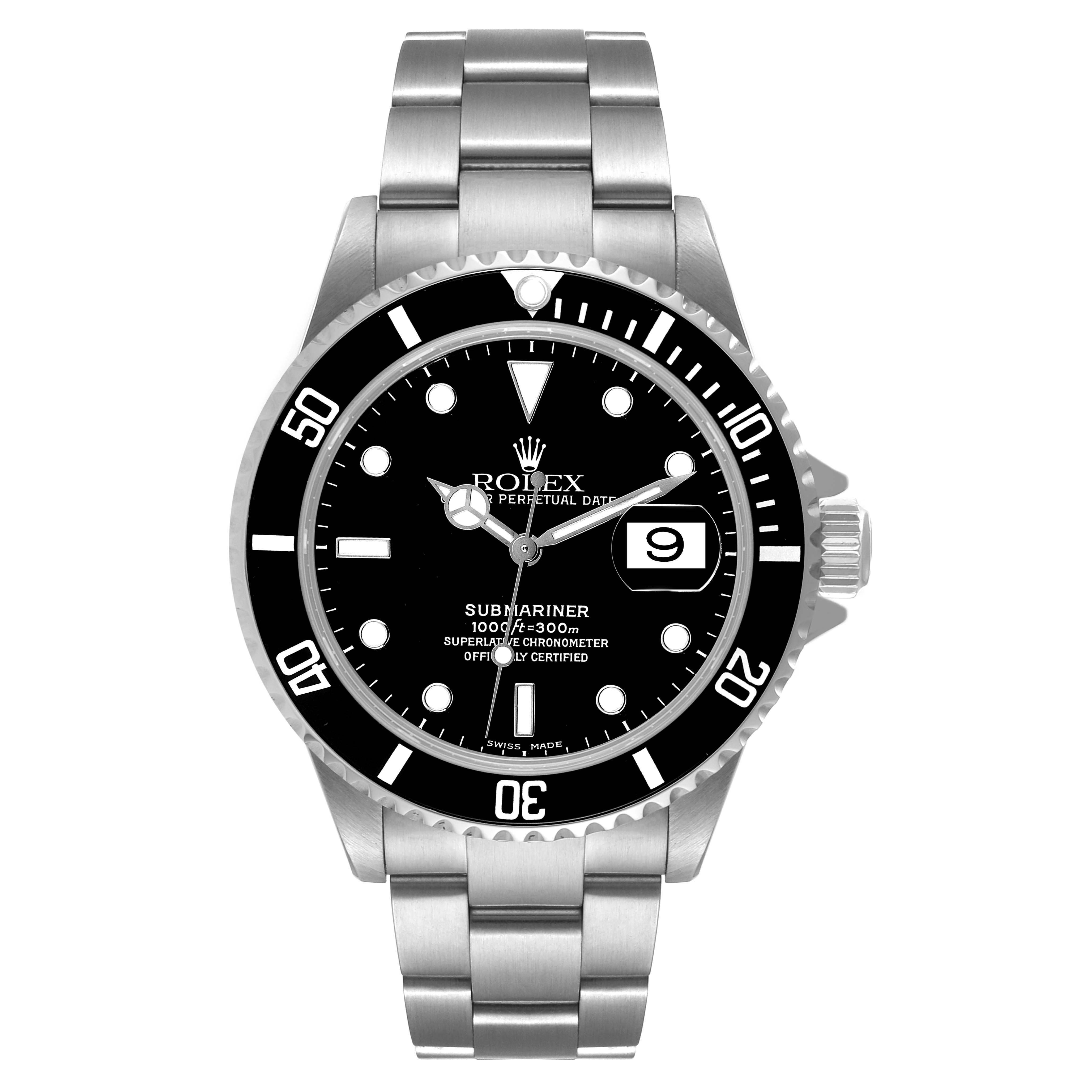 The image shows a front view of the Rolex Submariner 16610 Men
s Stainless Steel Black Dial 16610 Men
s Stainless Steel Black Dial, displaying the black dial, date function, bezel, crown, and stainless steel bracelet.