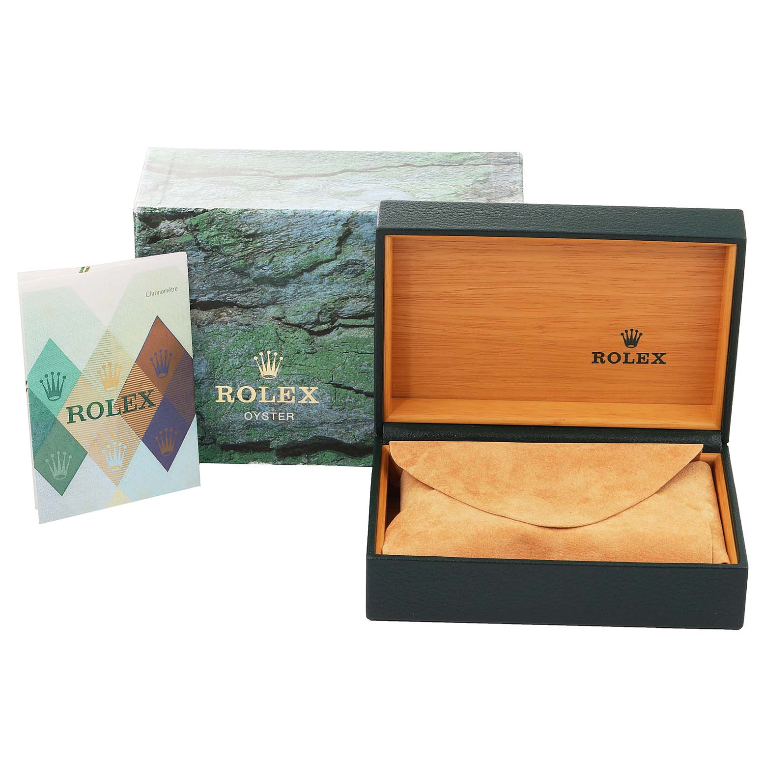 The image shows the packaging for a Rolex Submariner 16610 Men
s Stainless Steel Black Dial 16610 Men
s Stainless Steel Black Dial watch, including the outer box, inner presentation box, and instruction manual.